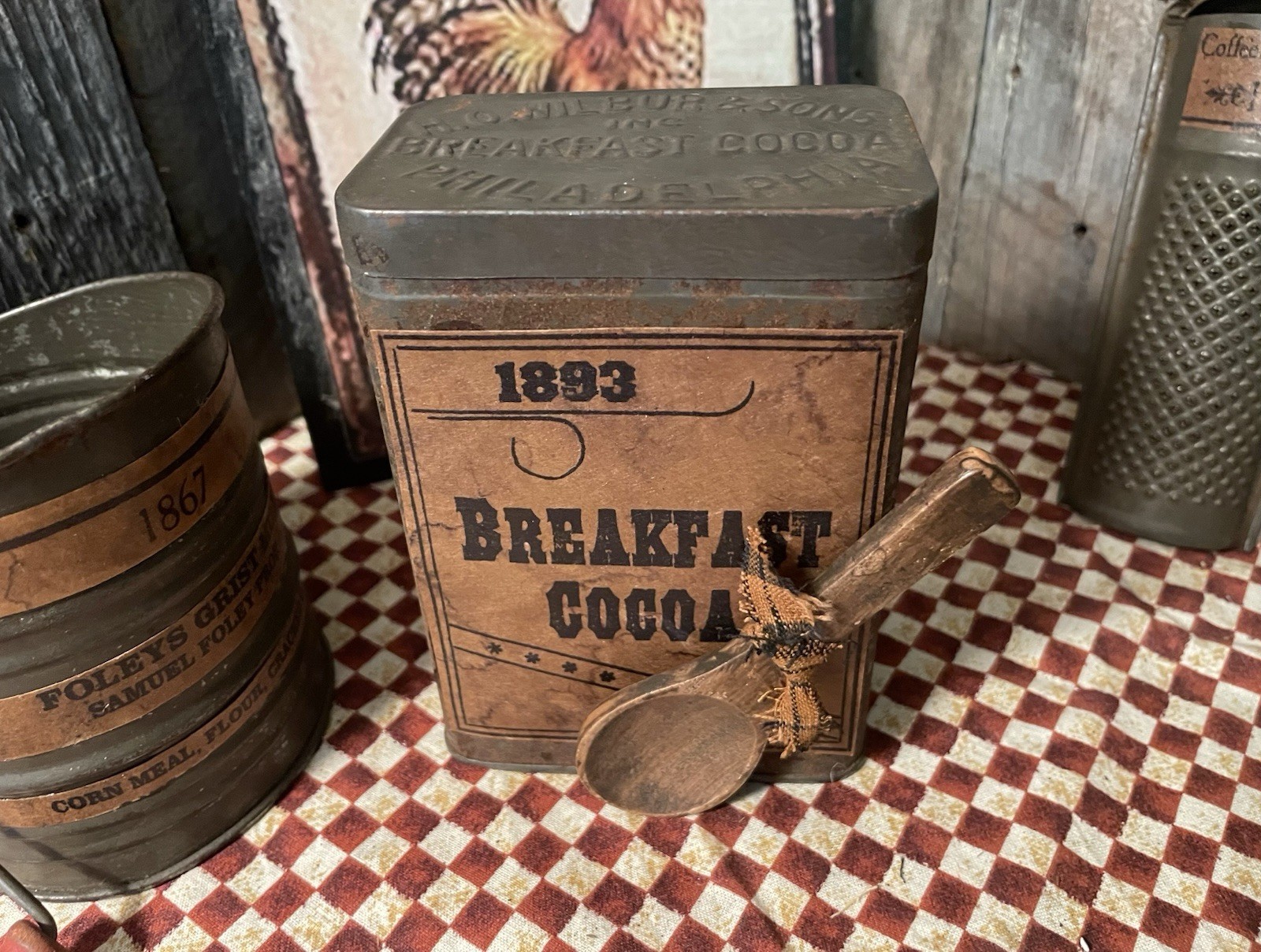 VTG REPURPOSED Primitive Farmhouse OLD METAL BREAKFAST COCOA CAN + WOODEN SPOON