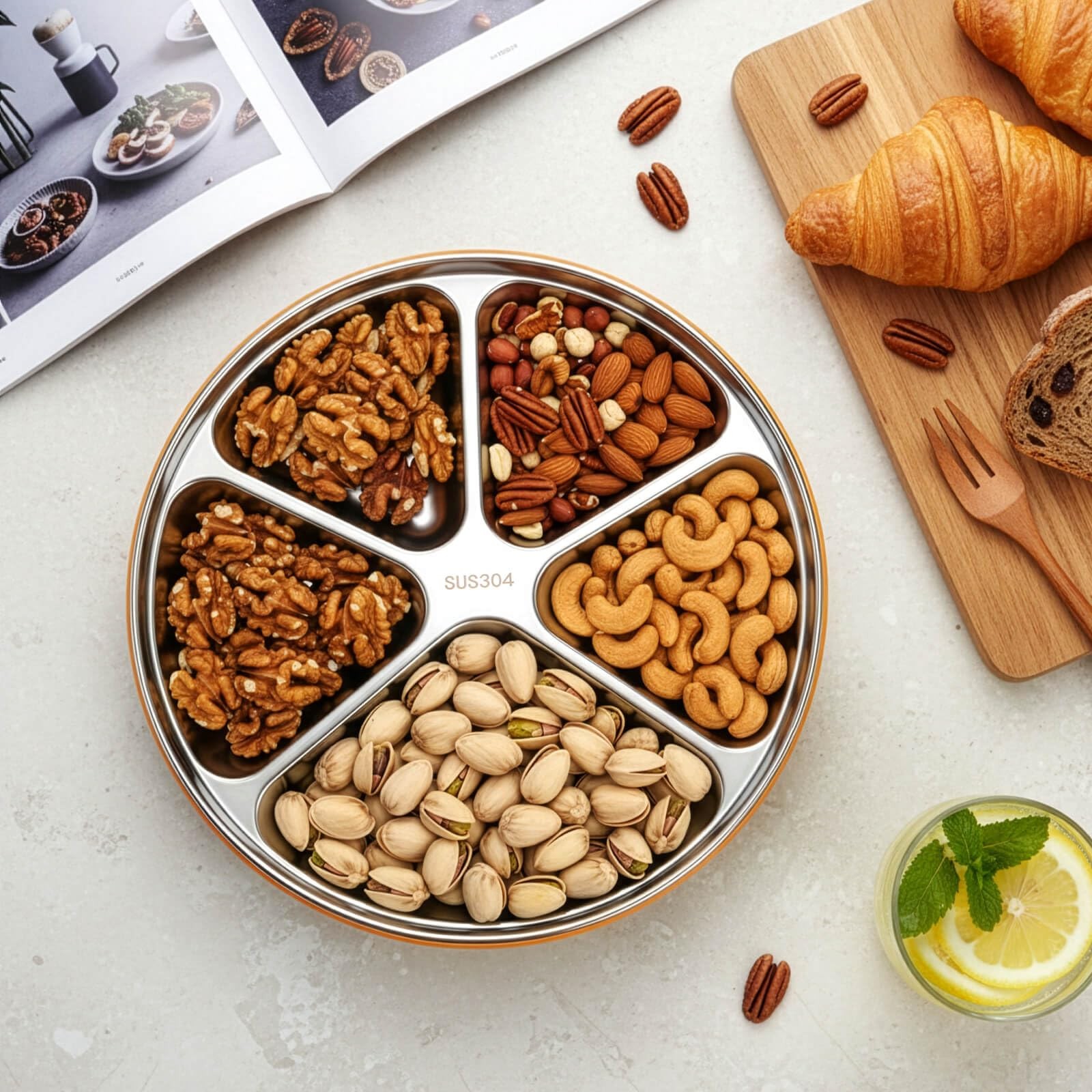 Youeon 2 Pack Stainless Steel Divided Serving Tray Lid 5 Compartments Round
