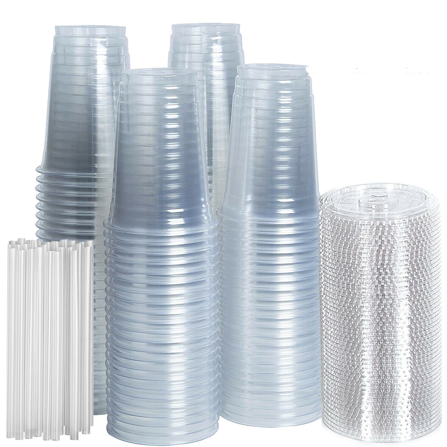 Clear Plastic PET Cups with Flat Lids with Straw for All Kinds of Beverages