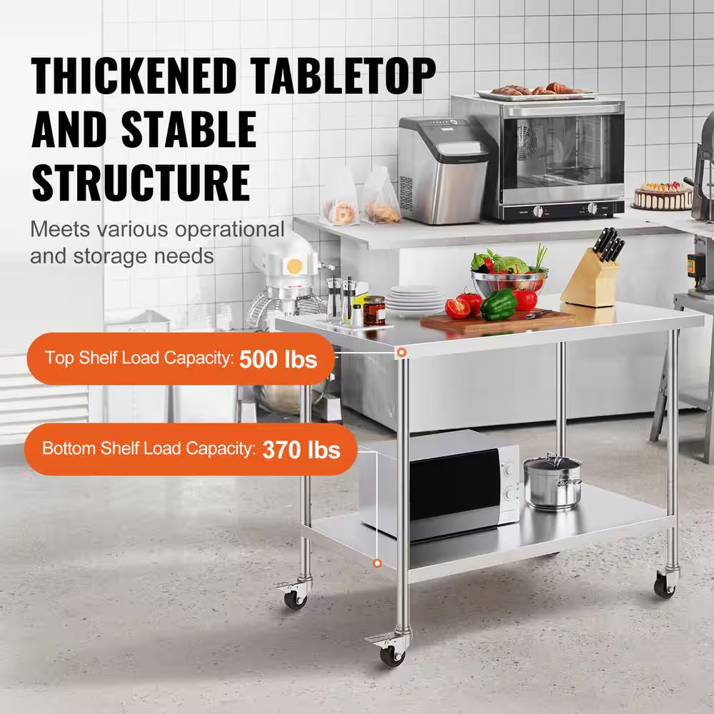 Stainless Steel Work Table 30 X 48 X 38 In., Silver Kitchen Prep Table with 4 Wh