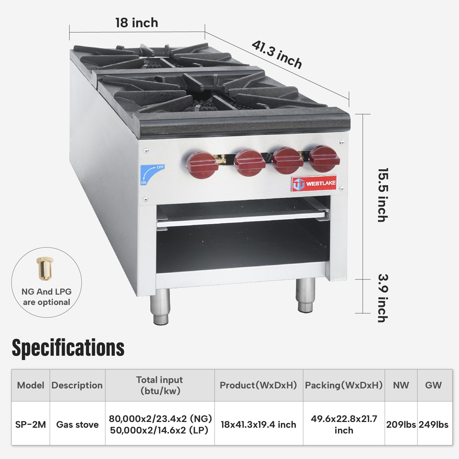 Westlake 18″ Commercial Gas Stock Pot Range 2 Burners 80000 X 2 BTU NG/Propane