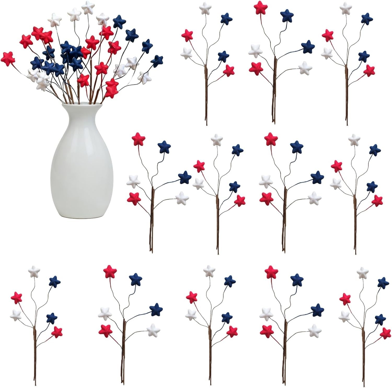 12PCS 10 Inch 4th of July Star Picks, Patriotic Flocked Artificial Berry Stem…