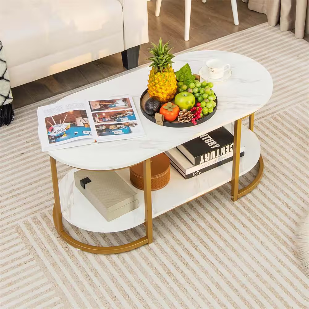 39 In. White Oval Marble Coffee Table Modern 2-Tier Center Table with Open Stora