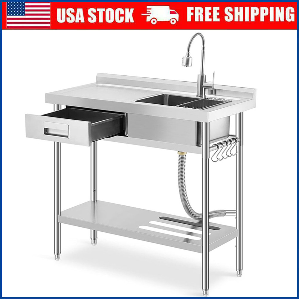 39″ Stainless Steel Commercial Utility Sink with Workbench & Drawer for Kitchen