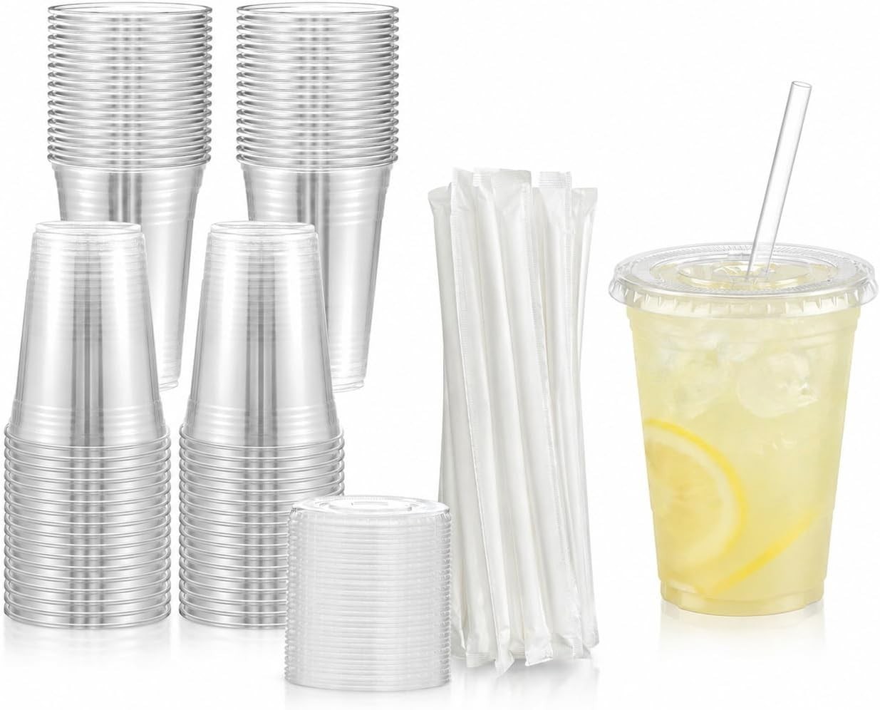 100 Pack Plastic Iced Coffee Cold Cups w/ Lids and Straws, To-Go Disposable