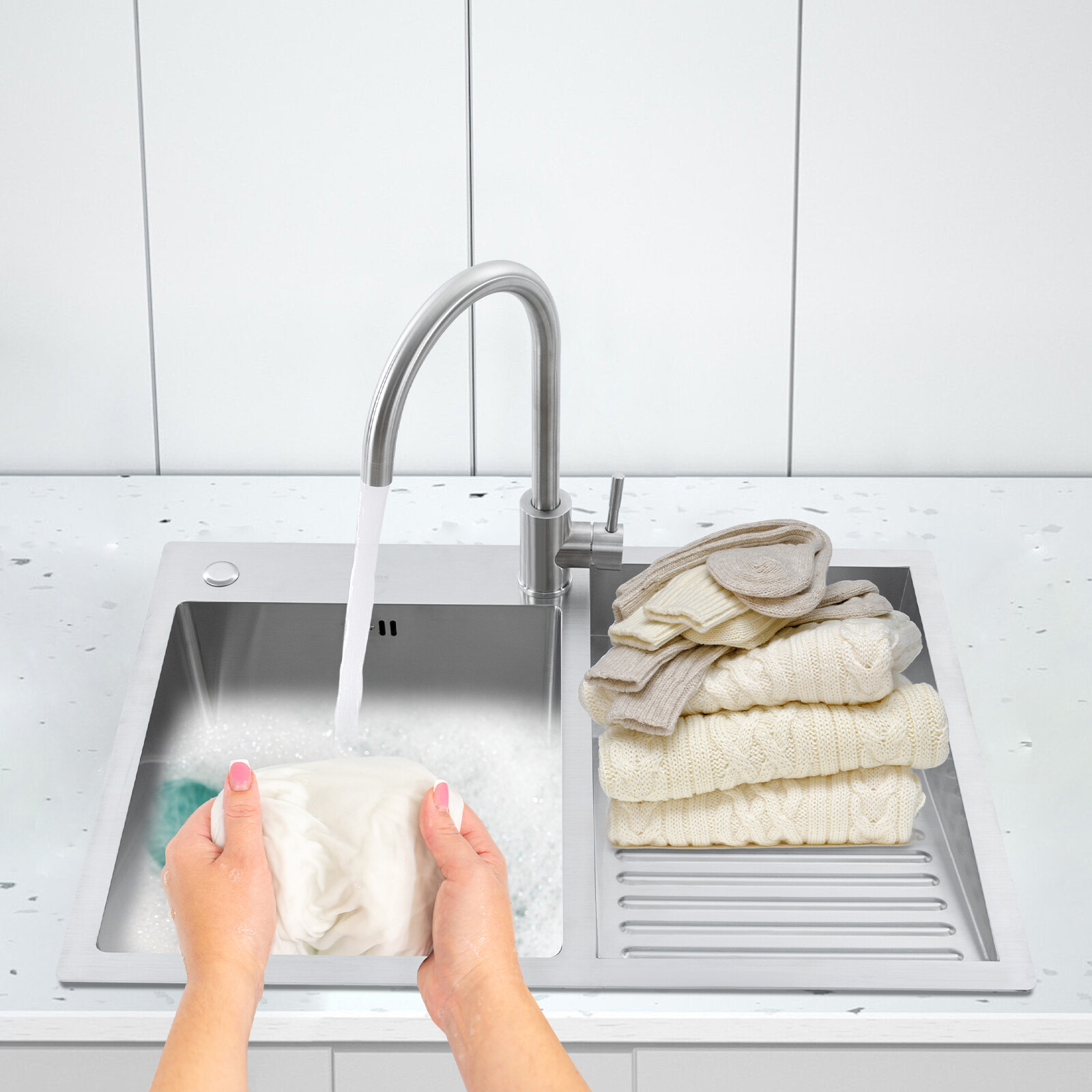 Stainless Steel Drop-in Laundry Sink Workstation Sink w/ Faucet 27.56*18.9*8.66″