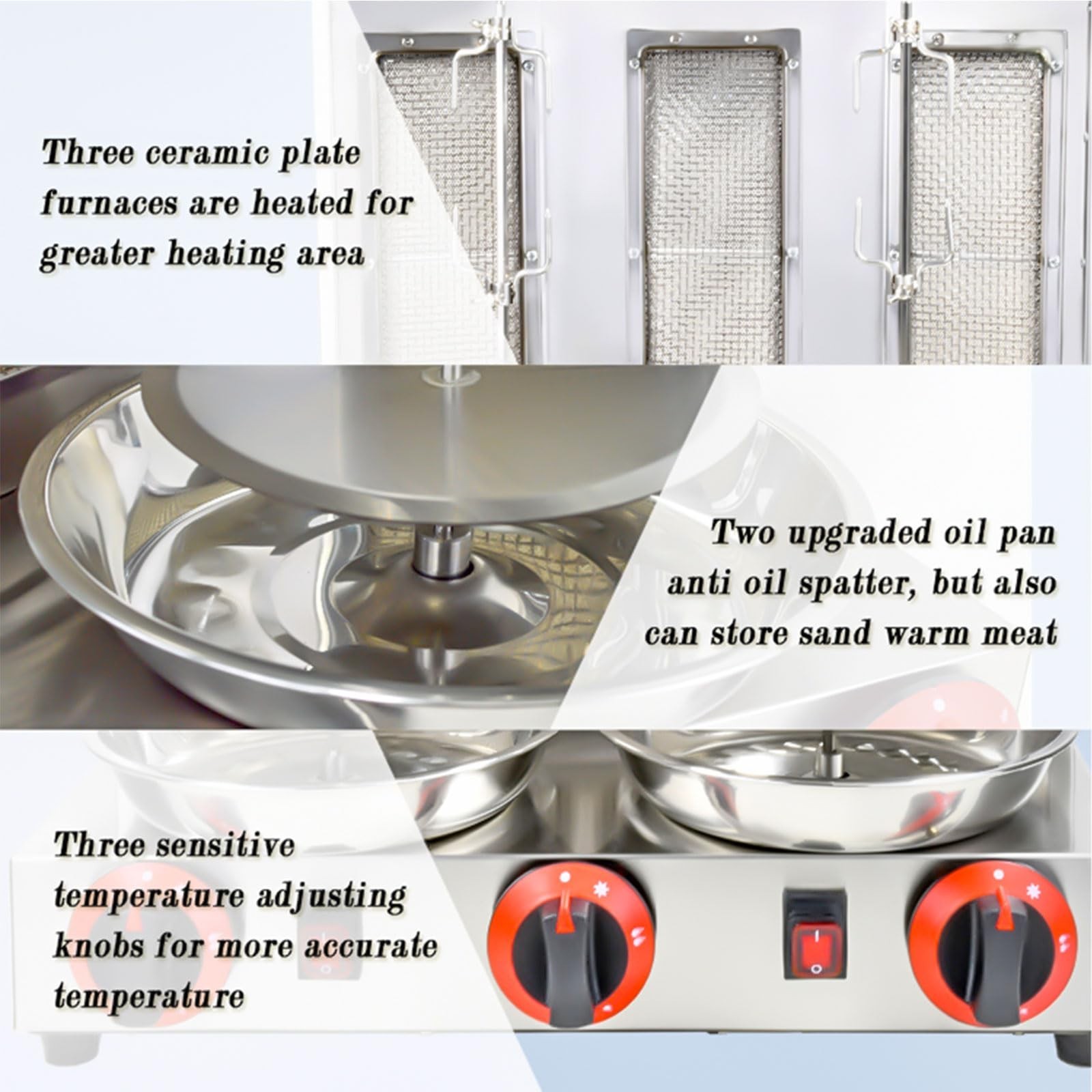 Shawarma Machine 3 Burners Kebab Grill Vertical Rotisserie with 2 Auto Spinni…