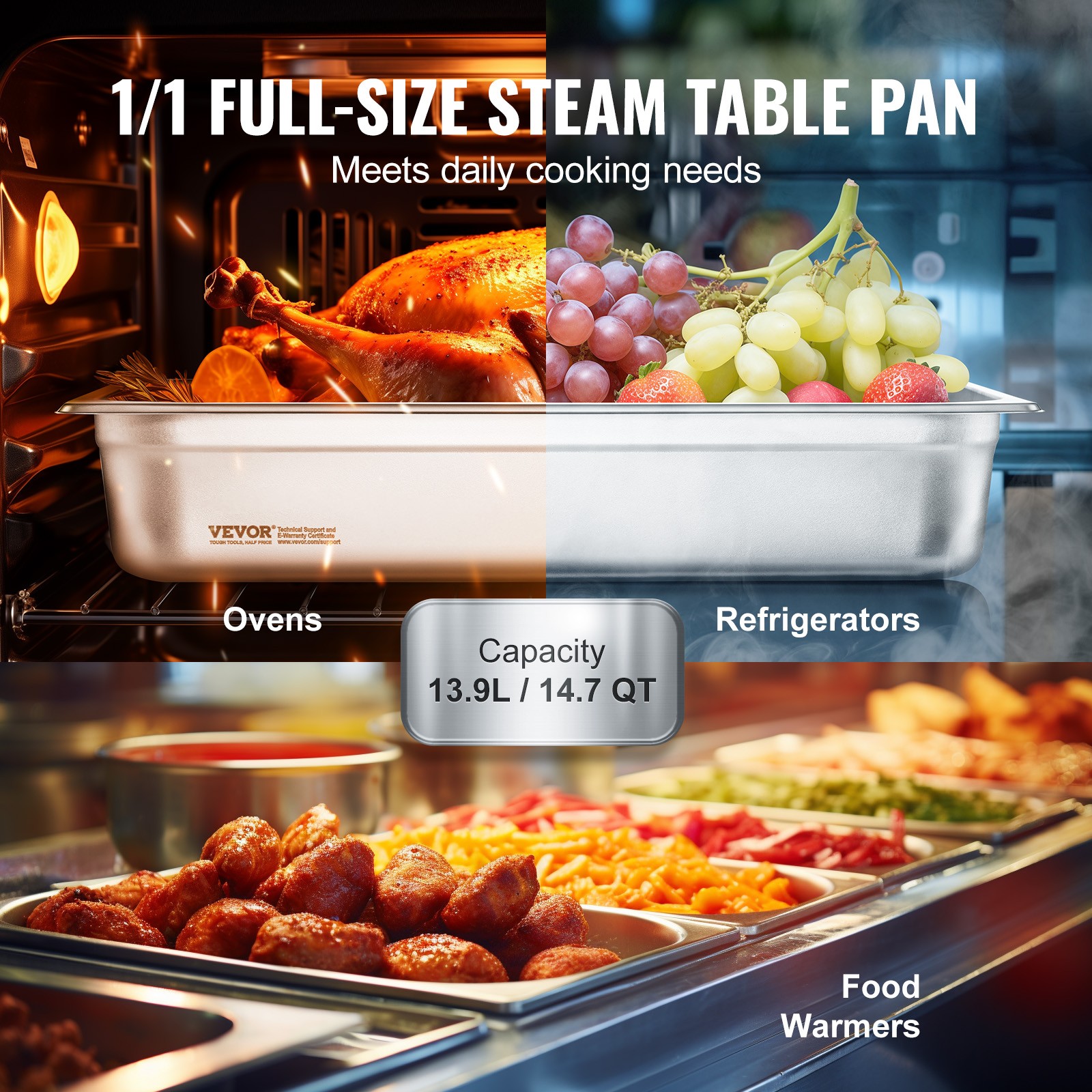 VEVOR Full Size Hotel Pan Steam Table Pan Stainless Steel 4″ Deep