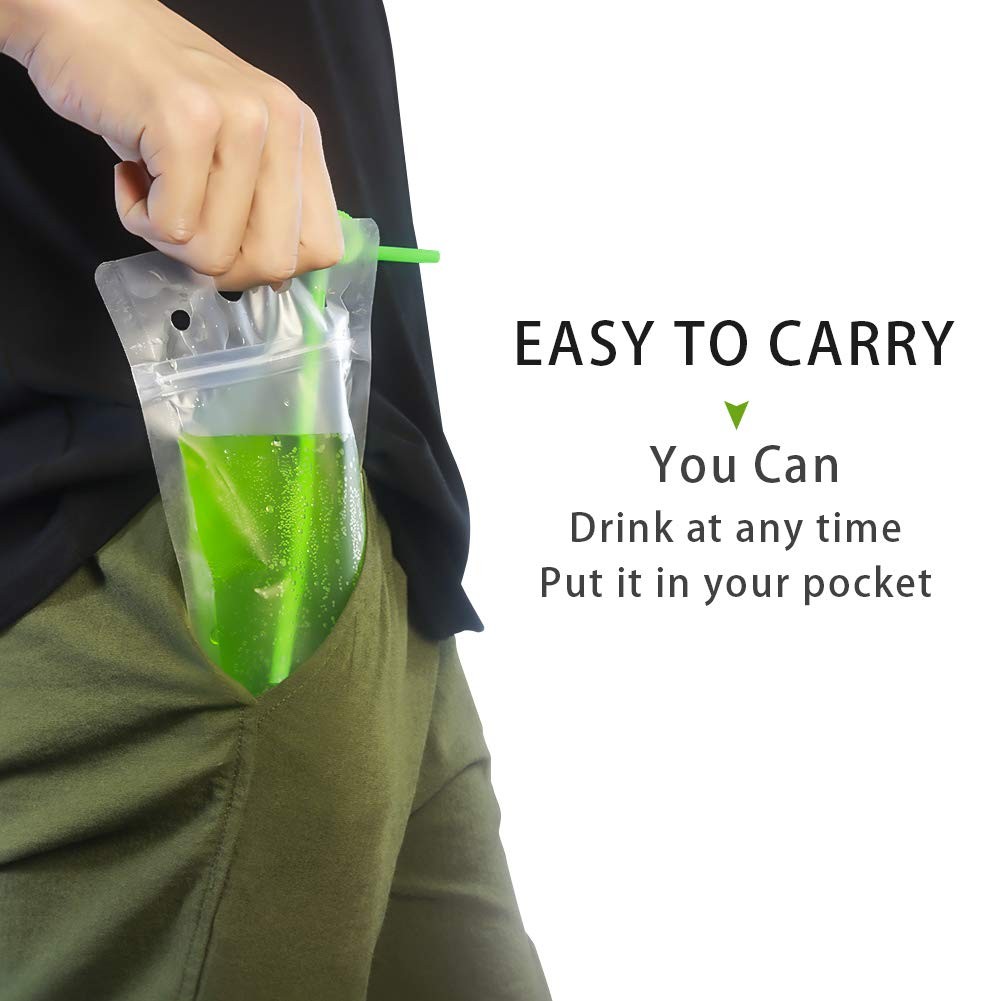 Drink Pouches For Adults, Reusable Zipper Bags With 50PCS Reusable Straws