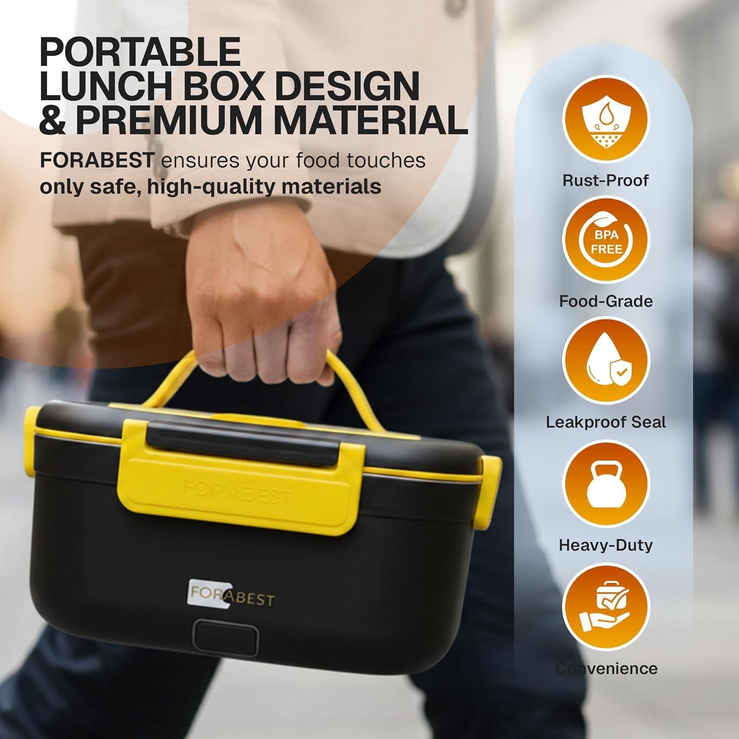 FORABEST Heated Lunch Box – 80W Electric – 1.5L, Black Yellow