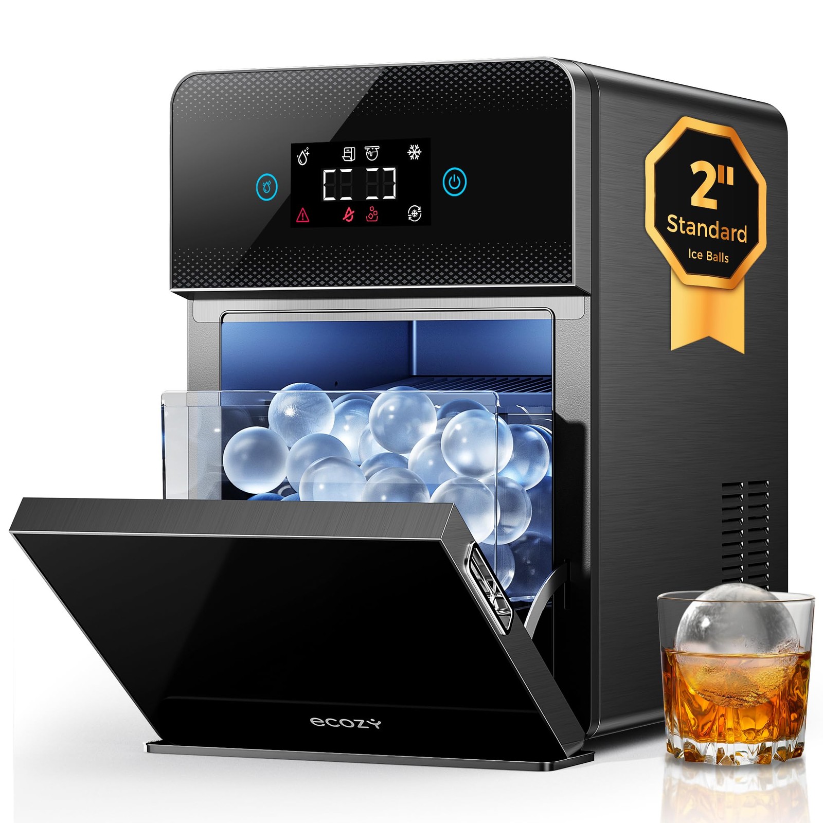 ecozy 2″ Clear Ice Ball Maker Countertop with CrystalFlux Technology, 4 Black