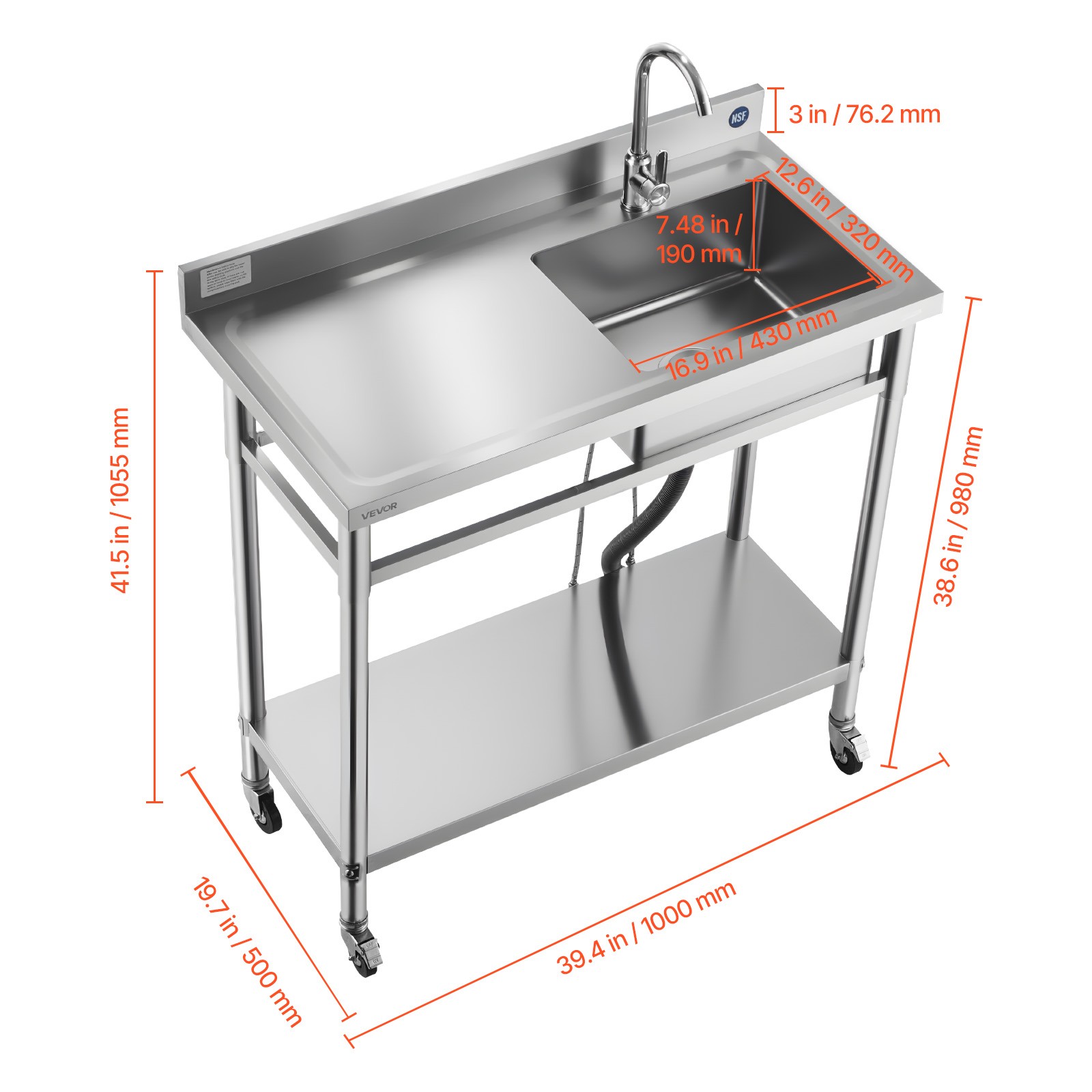 VEVOR Stainless Steel Utility Sink with Wheels Single Bowl 39.4 x 19.7 x 41.5 in