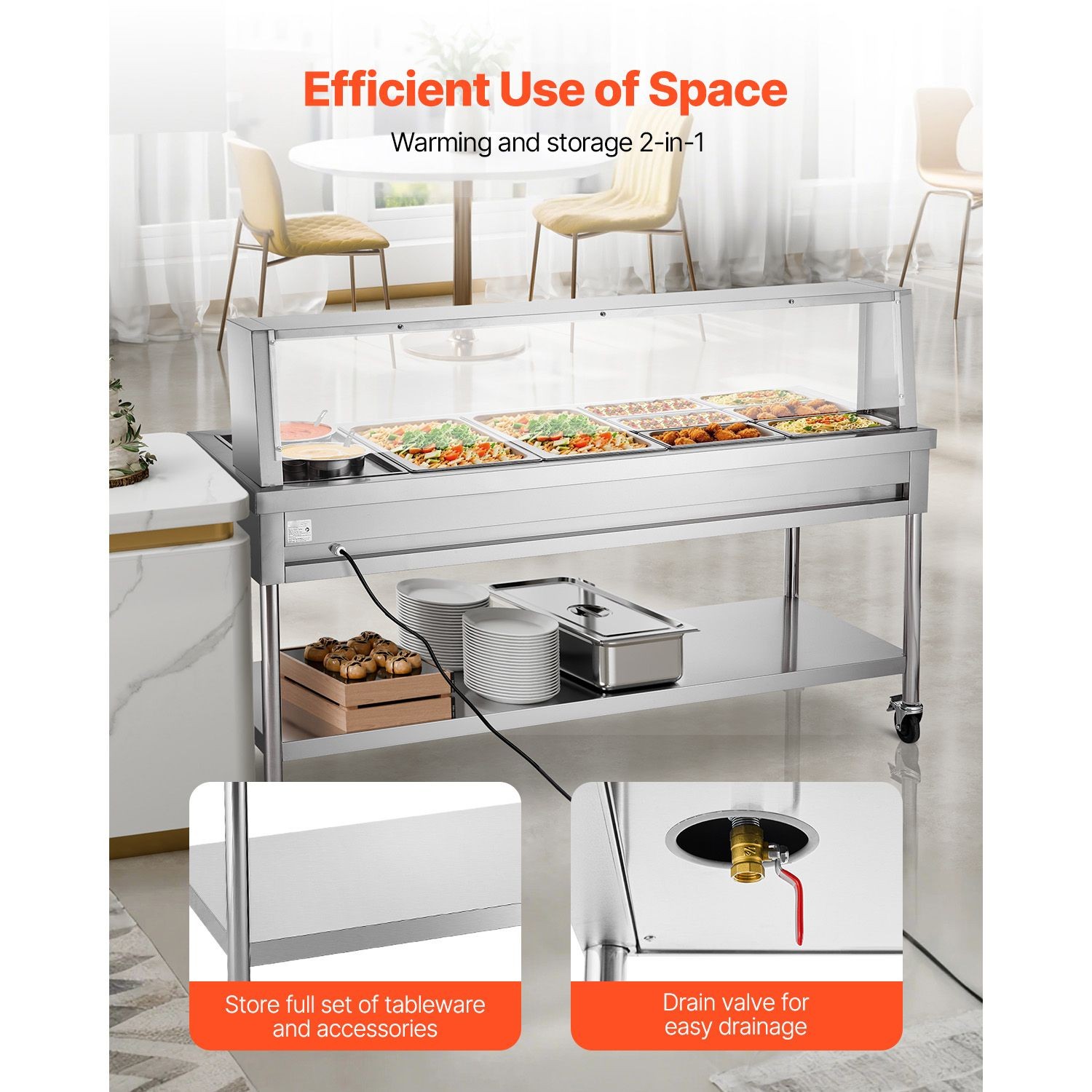 Commercial Food Warmer, 8 Pans + 2 Pots Electric Steam Table, 1800W Professional