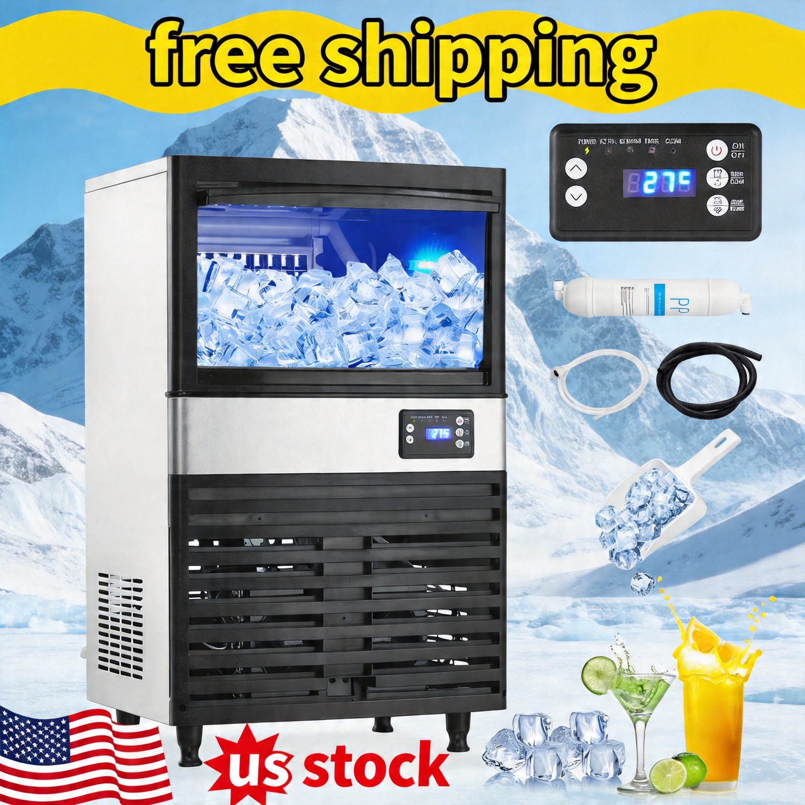 Commercial Ice Maker Stainless Steel, 150LBS/24H Ice Making Machine with 30LBS