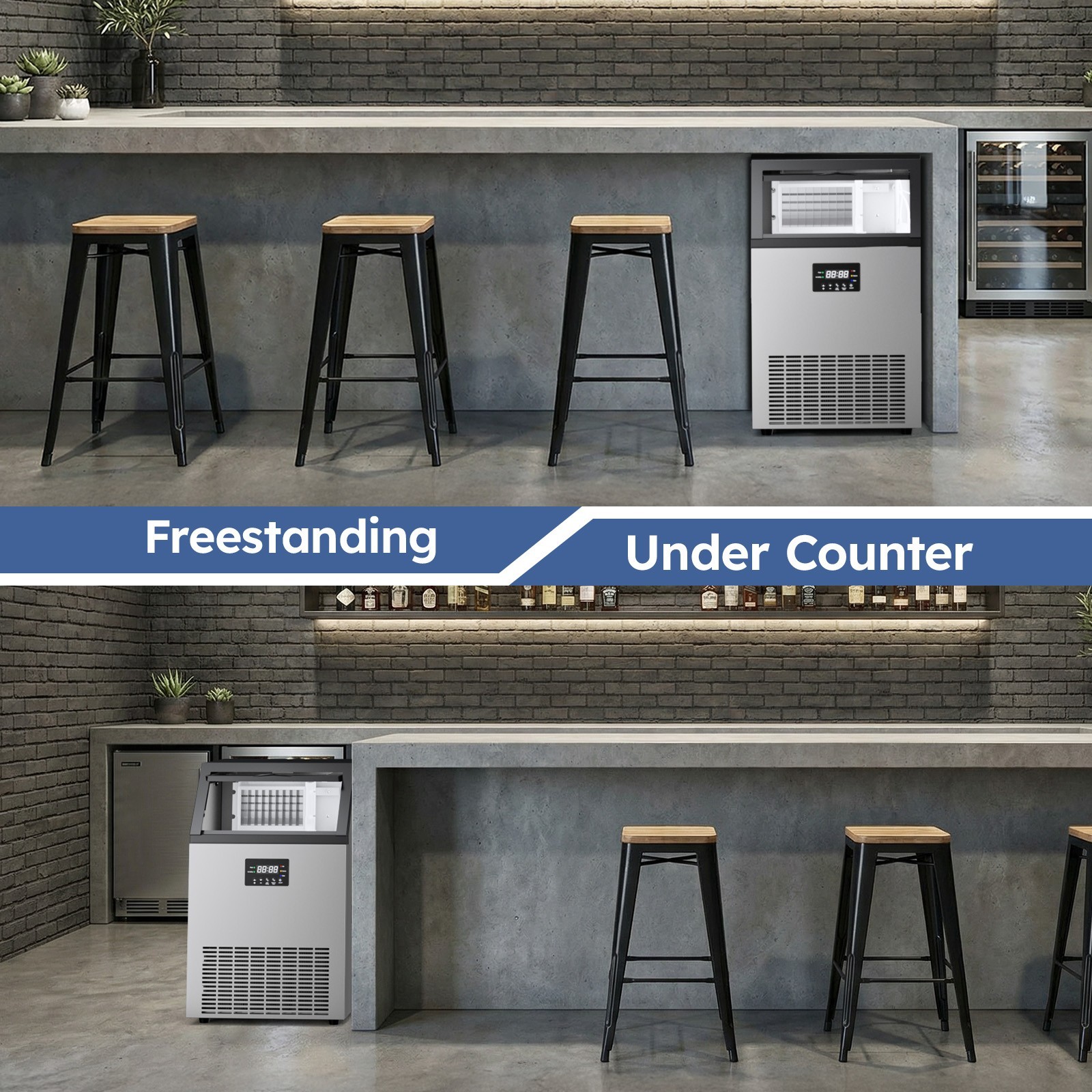 Commercial Ice Machine 100Lbs/24Hrs, 33Lbs Storage，Adjustable Cube Thickness