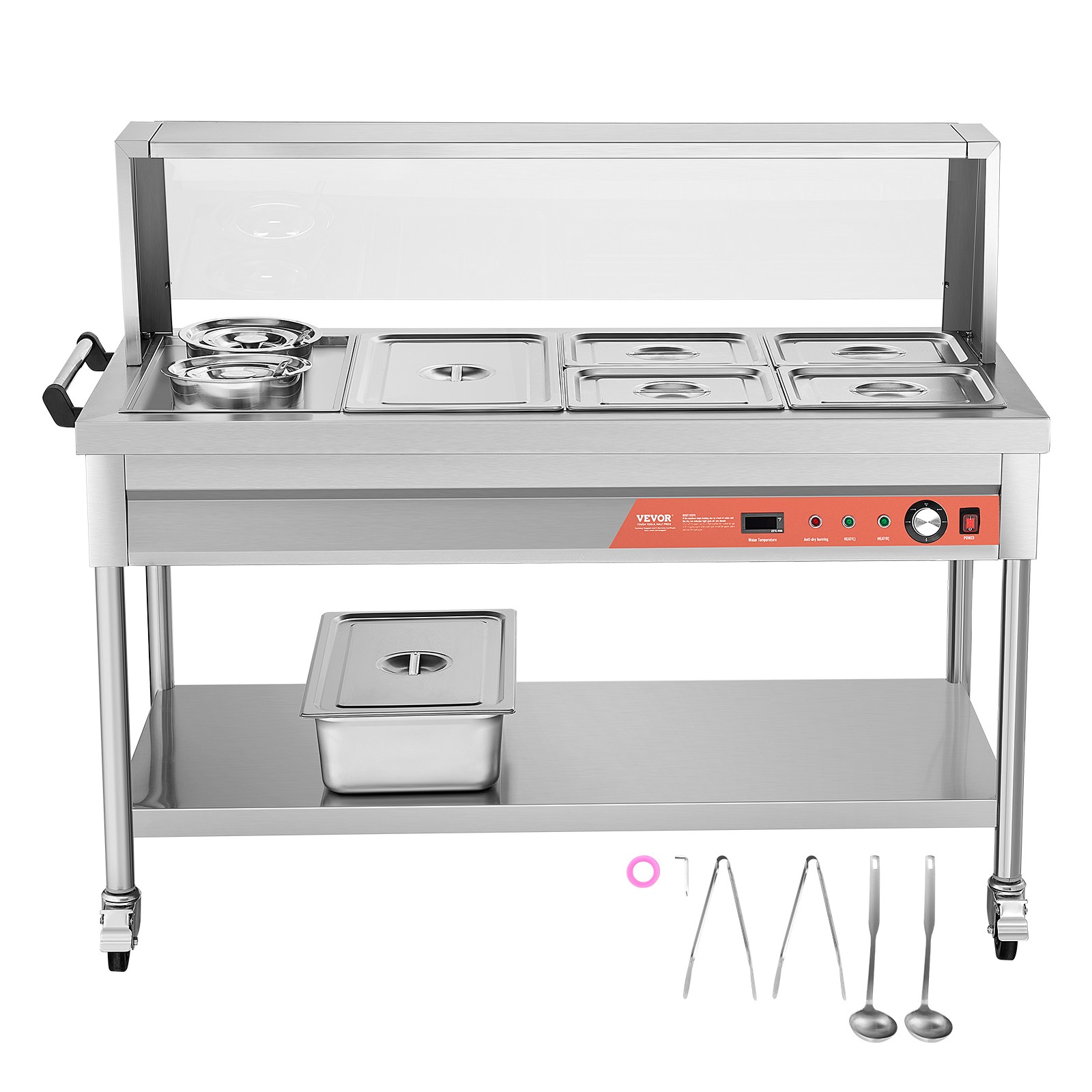 VEVOR 5 Pans + 2 Pots Commercial Food Warmer Steam Table with Undershelf Shield