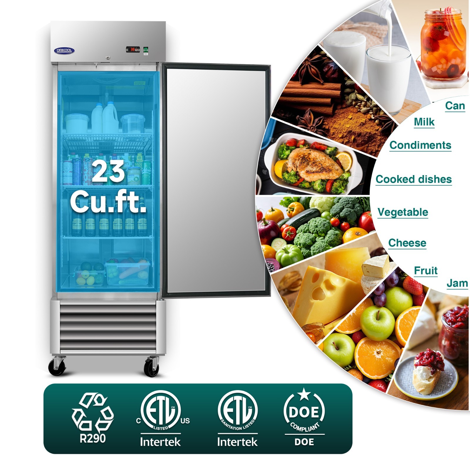 27″ Commercial Stainless Steel Fridge 23CuFt, 3 Adj Shelves, Digital Temp LED