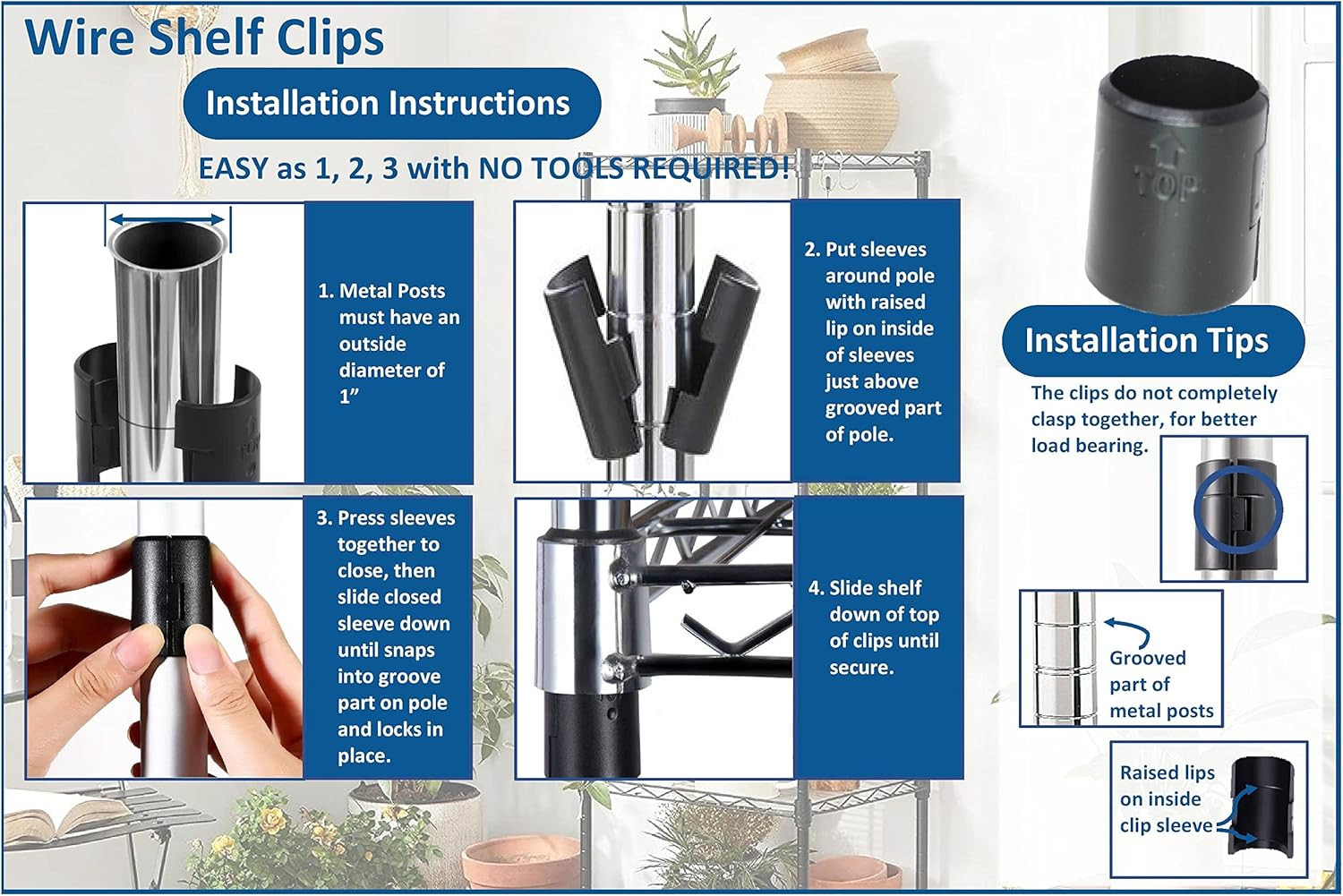1″ Diameter Post Wire Shelf Clips Shelving Split Sleeves Lock Metal Rack Locking
