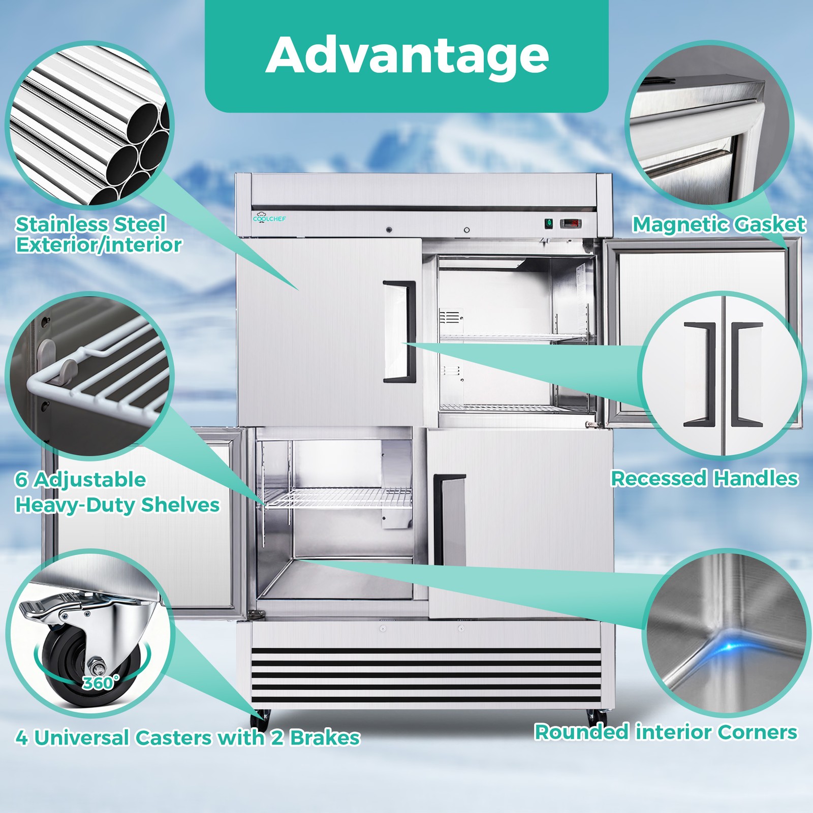 54″ Commercial Refrigerator 49 Cu.Ft 4-Door 32–37℉ Air Cooling 6 Shelves, R290