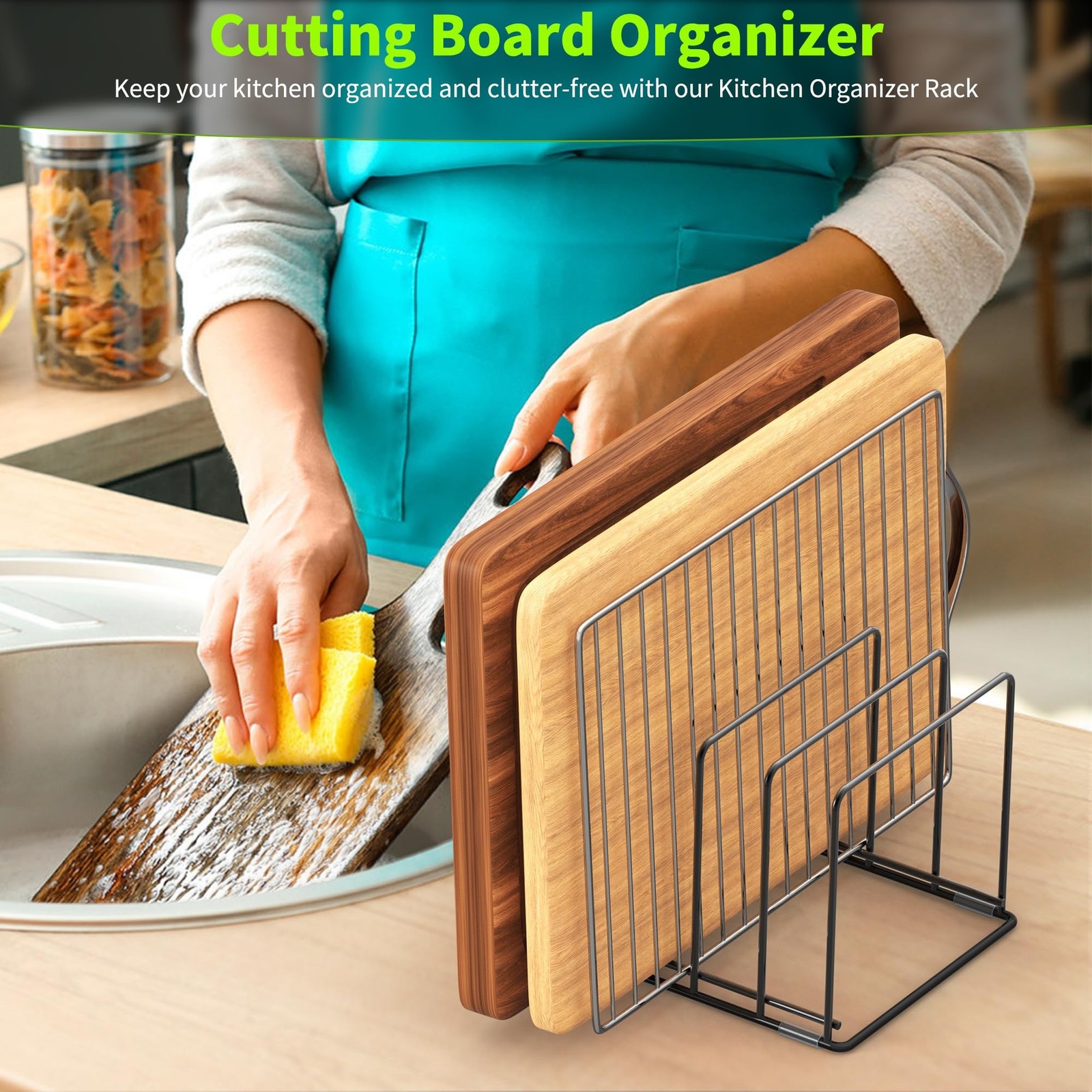 LAEMYFYRE Kitchen Organizer Rack – 4-Slot Heavy-Duty Holder for Cutting Board…
