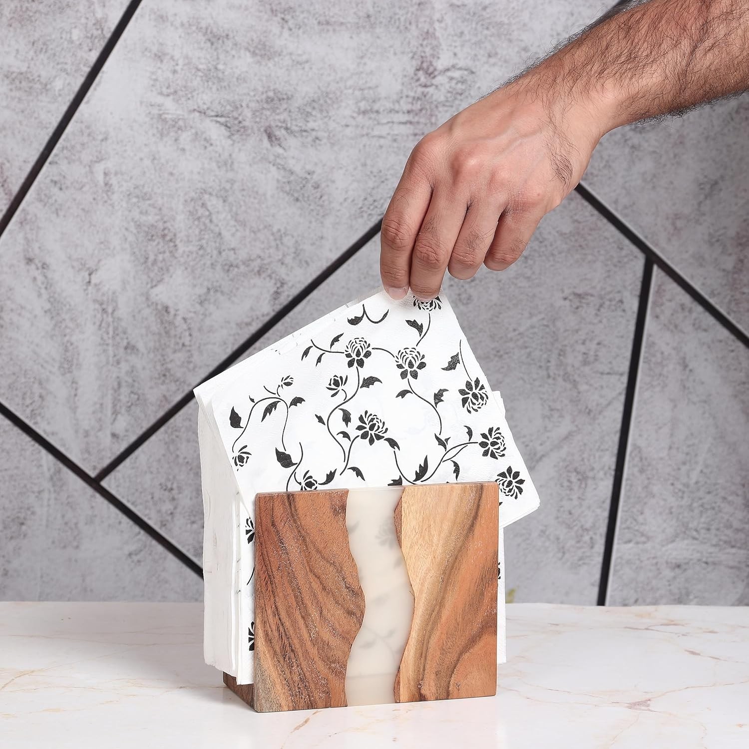 Acacia wood & Transparent Epoxy resin Napkin holder for table, Rustic farmhouse