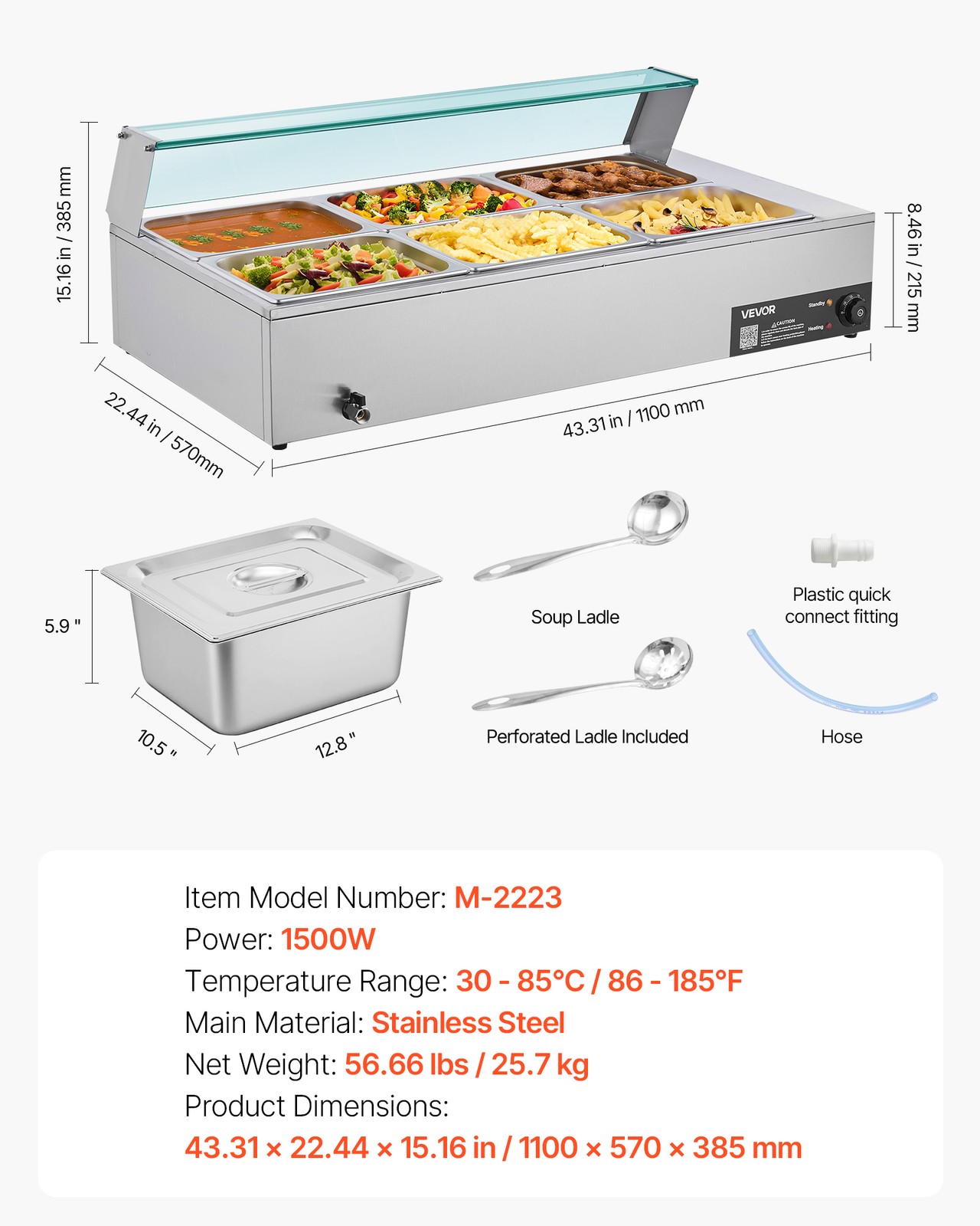 VEVOR Commercial Food Warmer 6x 1/2 Size Pans Buffet Bain Marie with Glass Cover