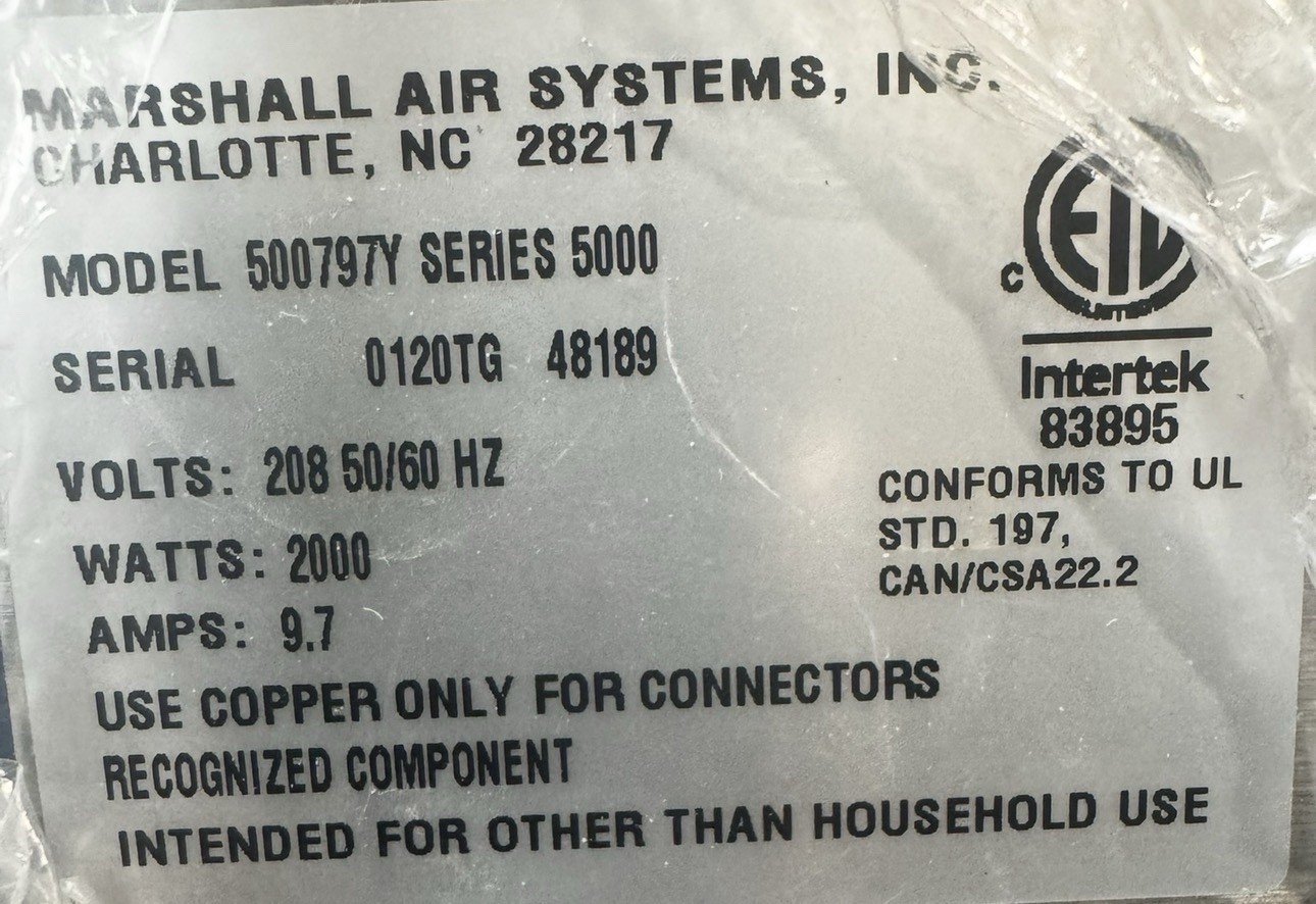 Marshall Air Systems Warmer Series 5000 Model 135755 120V . 10” X 48”