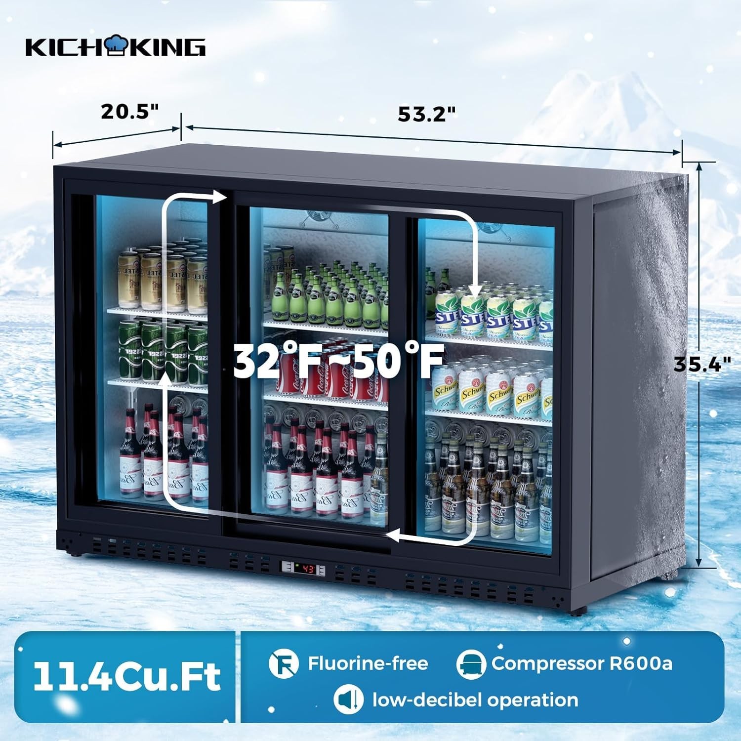 Commercial Back Bar Cooler 53.2″W Beverage Refrigerator 3 Glass Sliding Doors