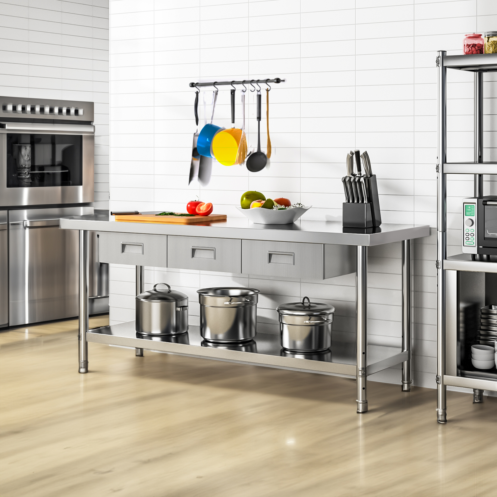 60″X24″Stainless Steel Table Metal Table Work Table w/3 Drawers for Home Kitchen