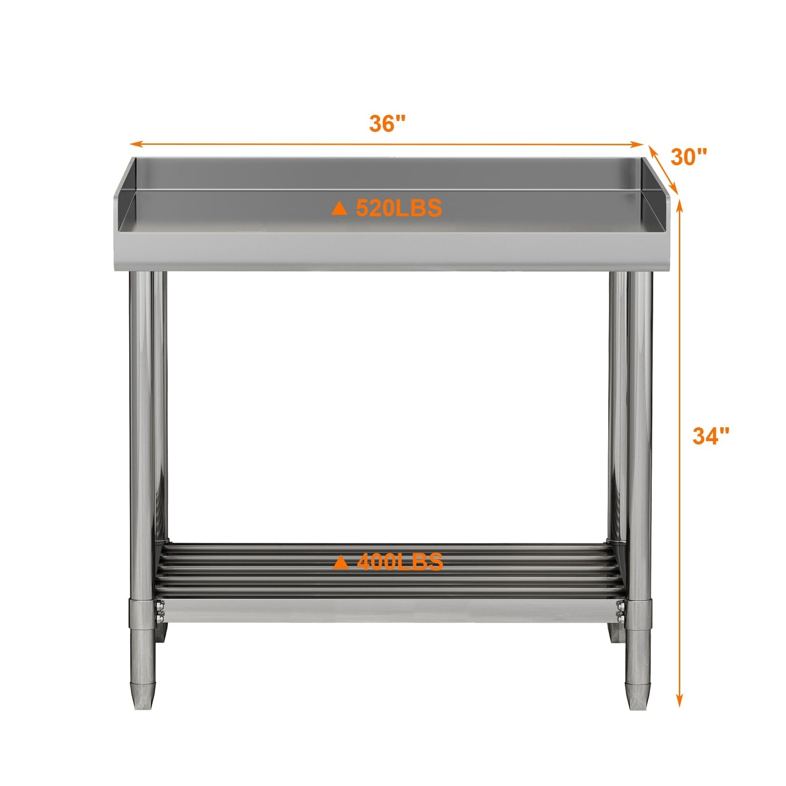 36 x 30/48 X 24 Inch Stainless Steel Table with Backsplash for Prep & Work Home