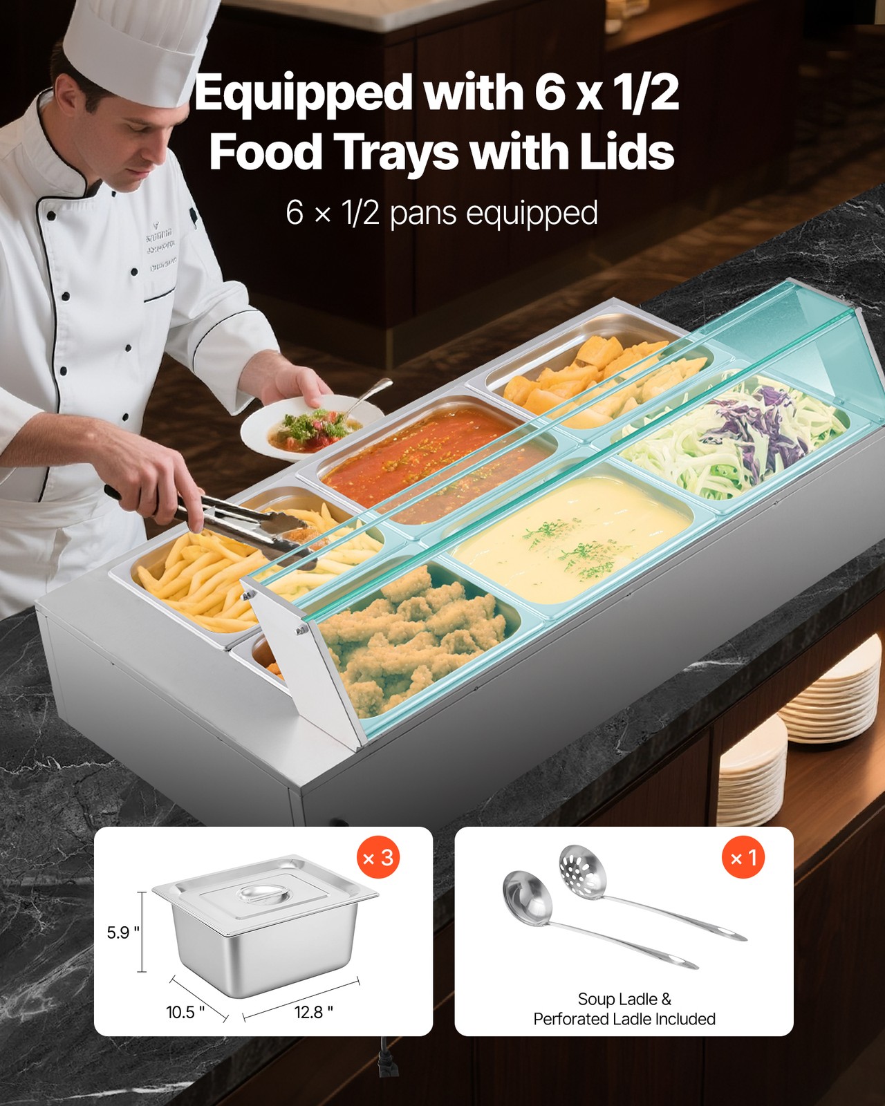 VEVOR Commercial Food Warmer 6x 1/2 Size Pans Buffet Bain Marie with Glass Cover