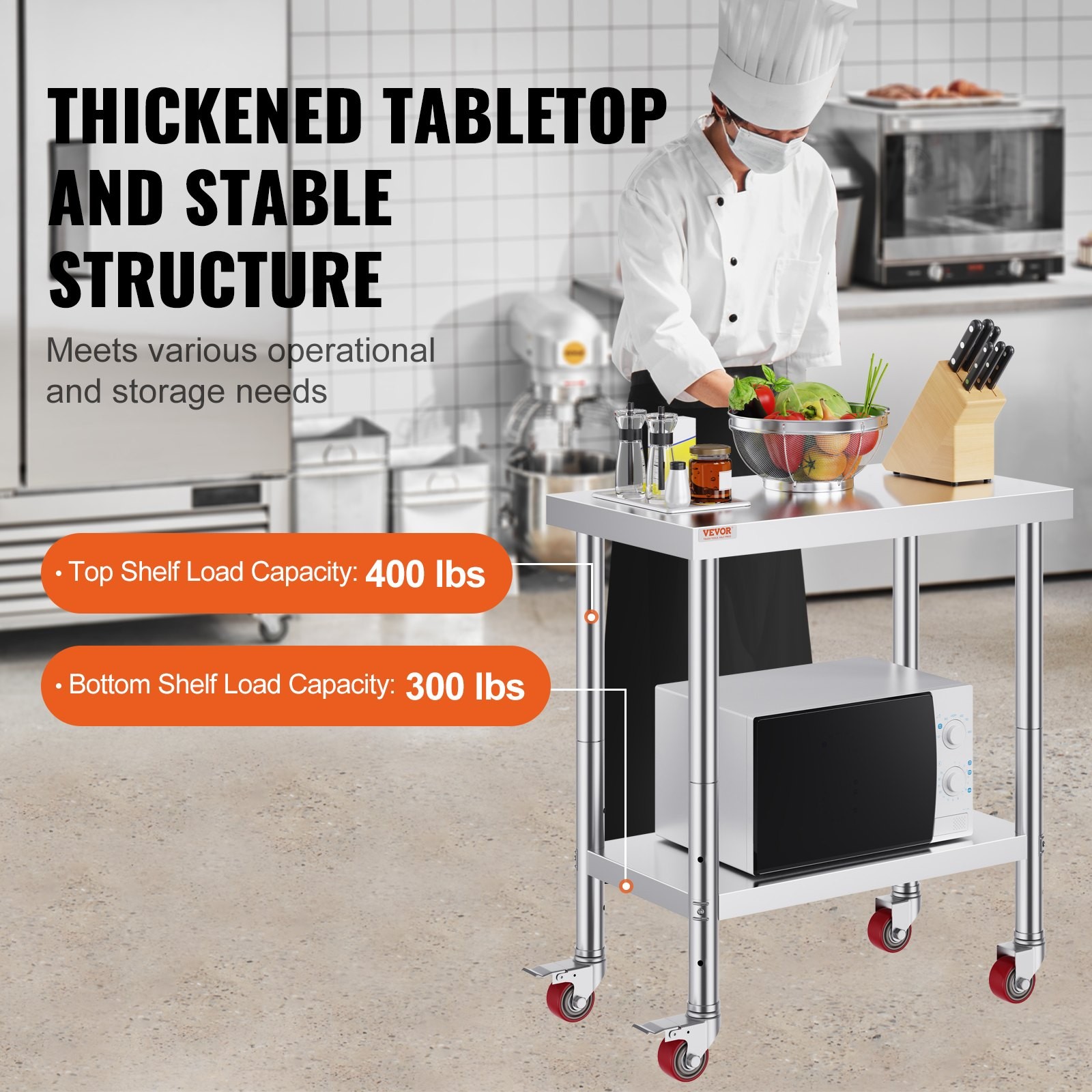 Stainless Steel Work Table 30 x 24 x 33 Inch, 700 LBS Load Capacity with 4 Wheel