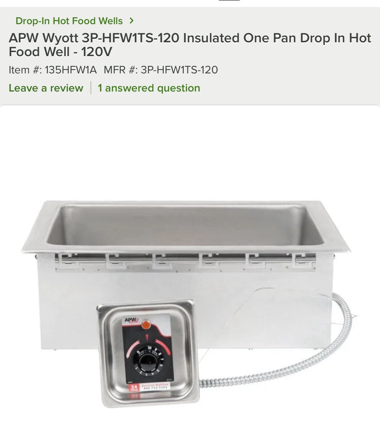APW Wyott 3P-HFW1TS-120 Drop-In Full Size Hot Food Well 1 Pan 120V