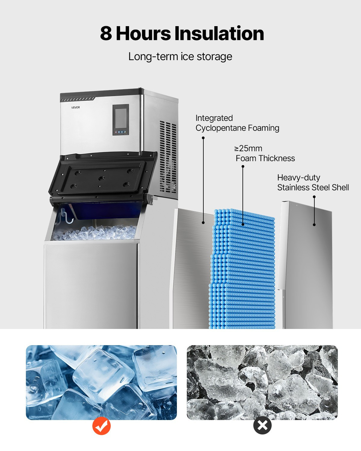 VEVOR Commercial Ice Maker 300LBS/24H with 300LBS Storage Bin Auto Self-Cleaning