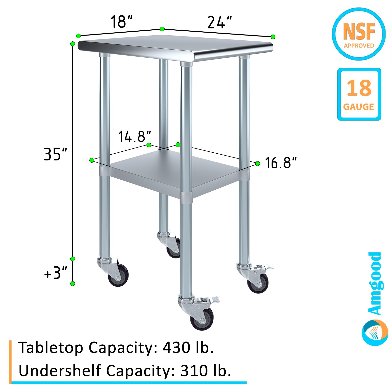 24″ X 18″ Stainless Steel Table With Wheels | NSF Prep Metal Work Table Casters