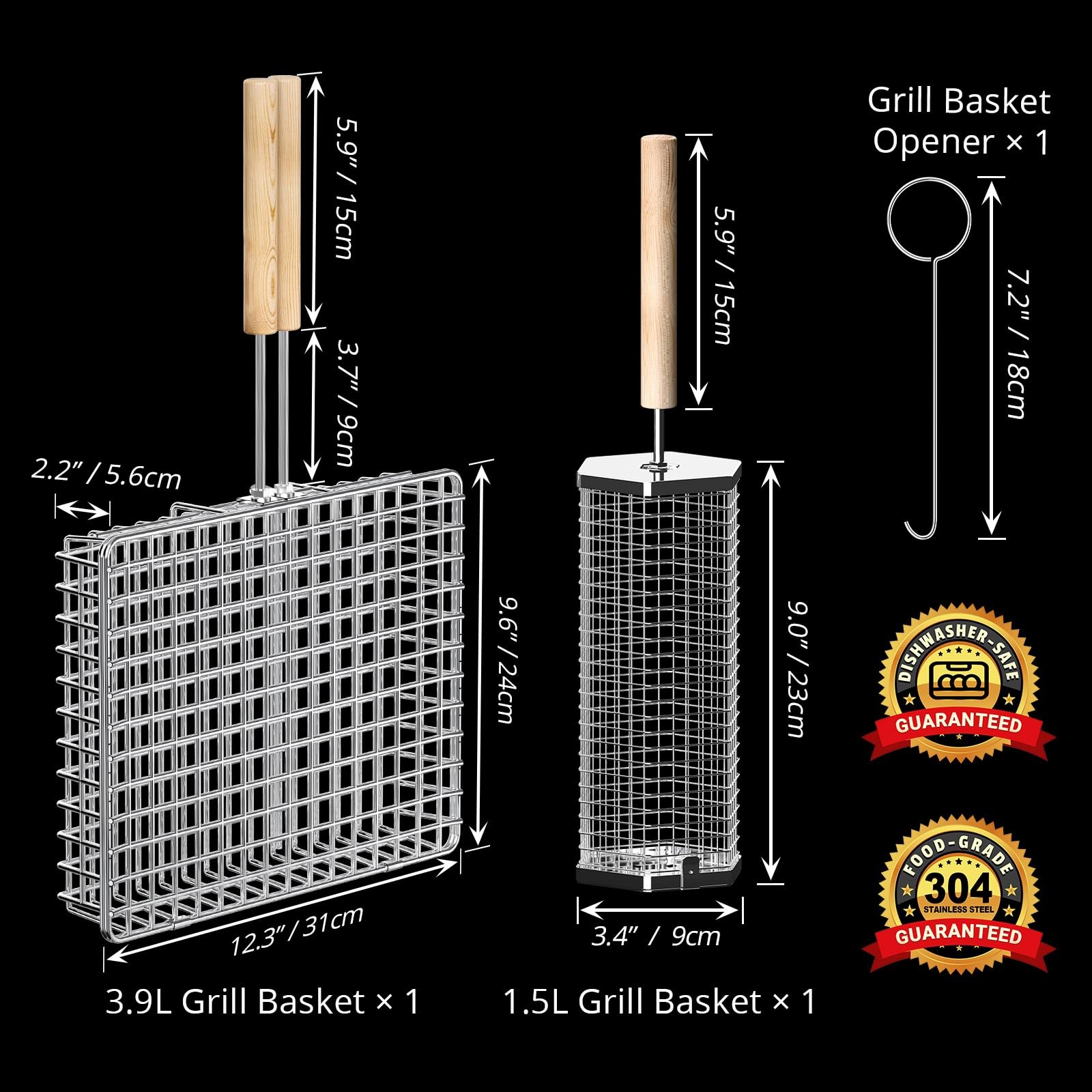 Ivtivfu Grill Basket Set Removable Wooden Handle 304 Stainless Steel Rolling
