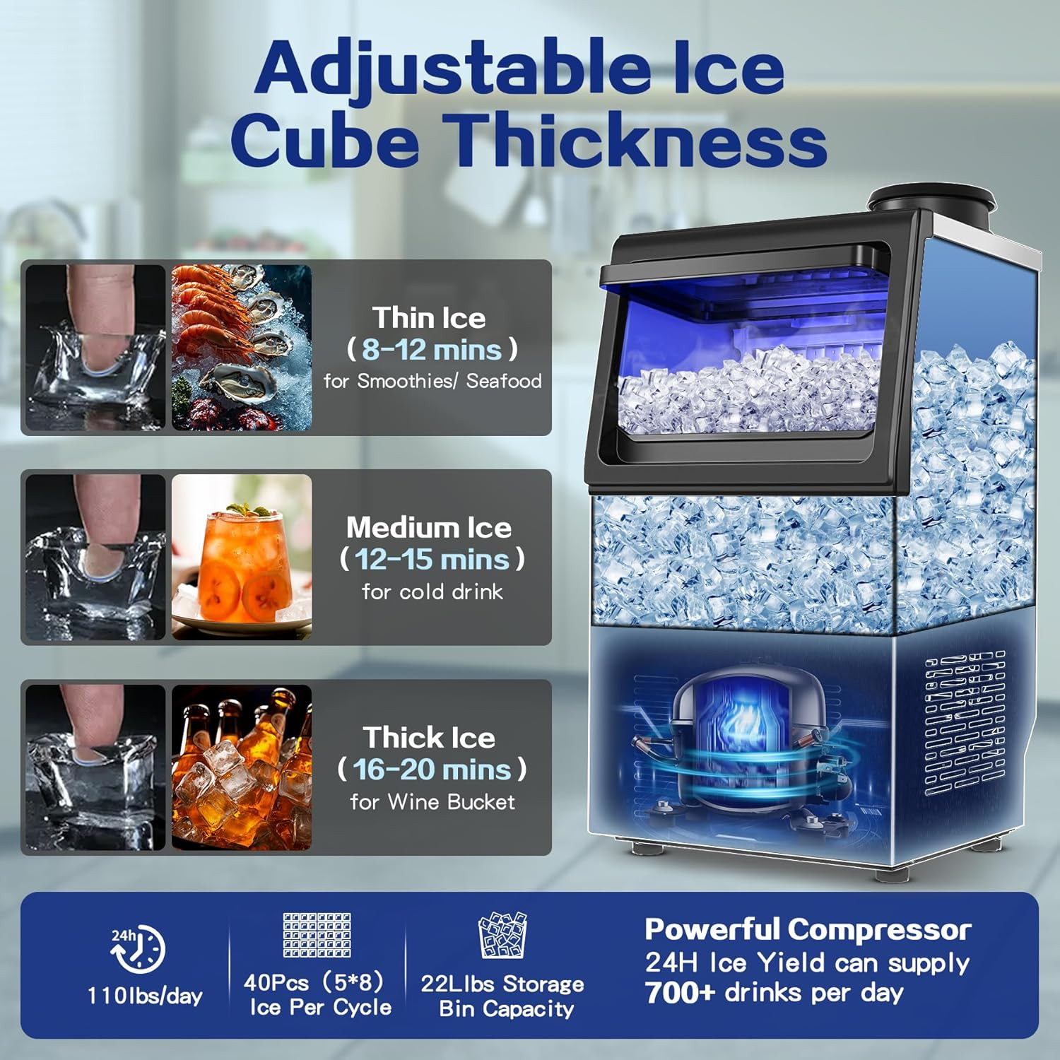 High Efficiency 110Lbs/24H Under Counter Ice Maker with Self-Cleaning Feature