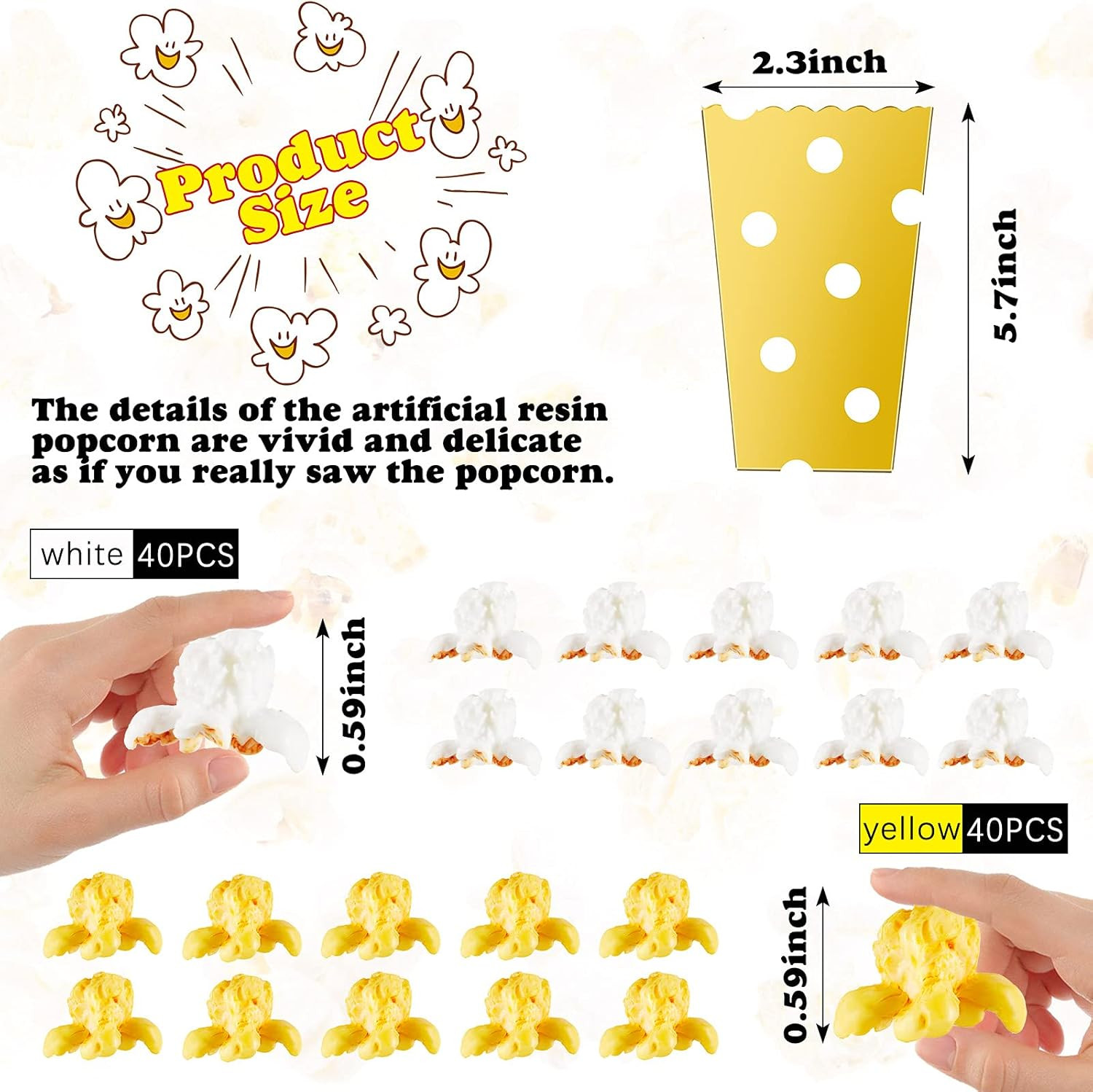 80 Pcs Artificial Resin Popcorn Miniature Prop Figurines Lifelike Faux Popcorn w