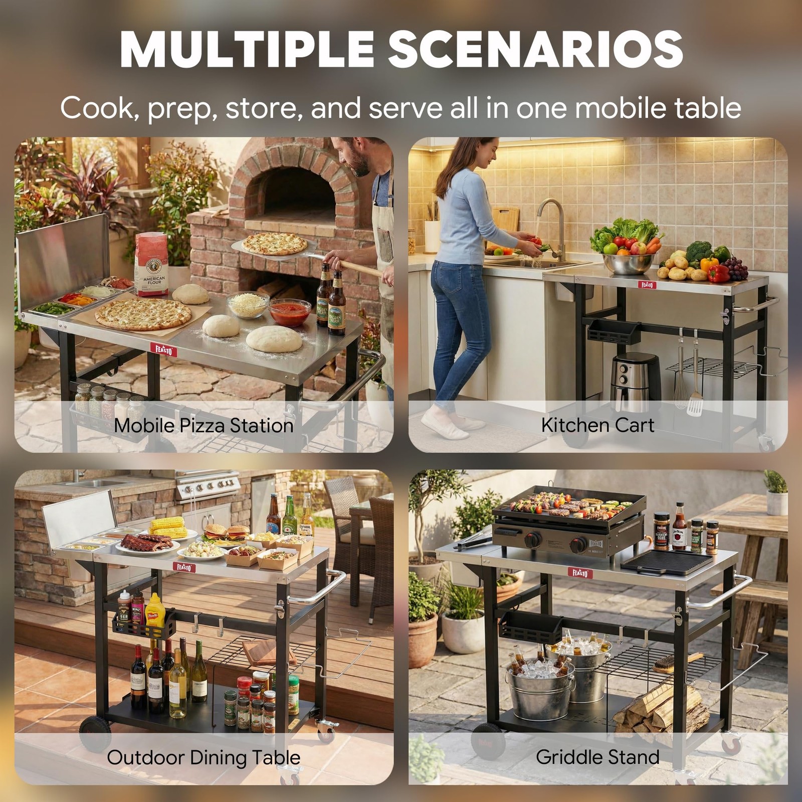 Outdoor Prep Table with One-Piece Integrated Topping Station, Food-Grade Stai…