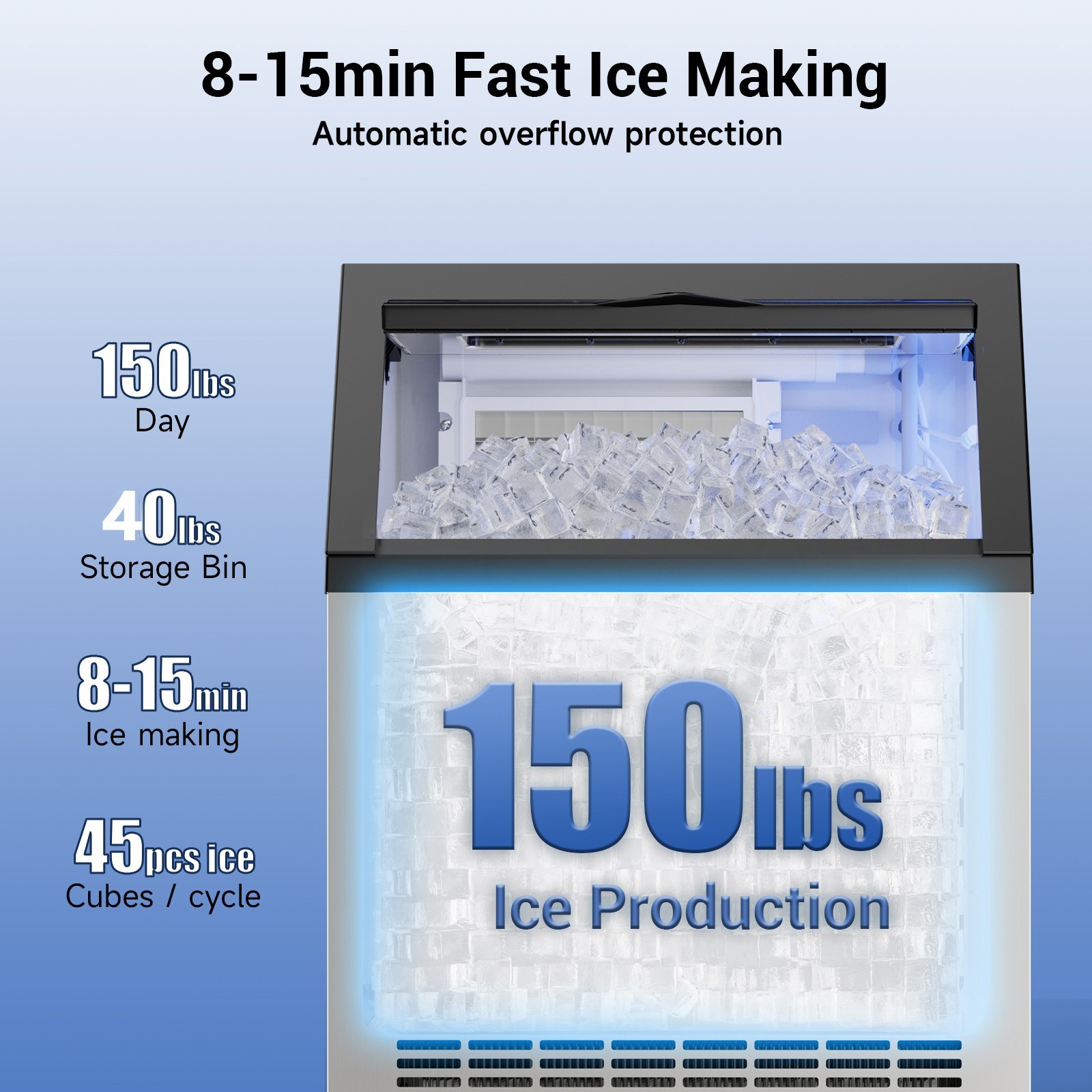 150Lbs Commercial Ice Maker Freestanding Undercounter Ice Cube Machine, ETL NFS