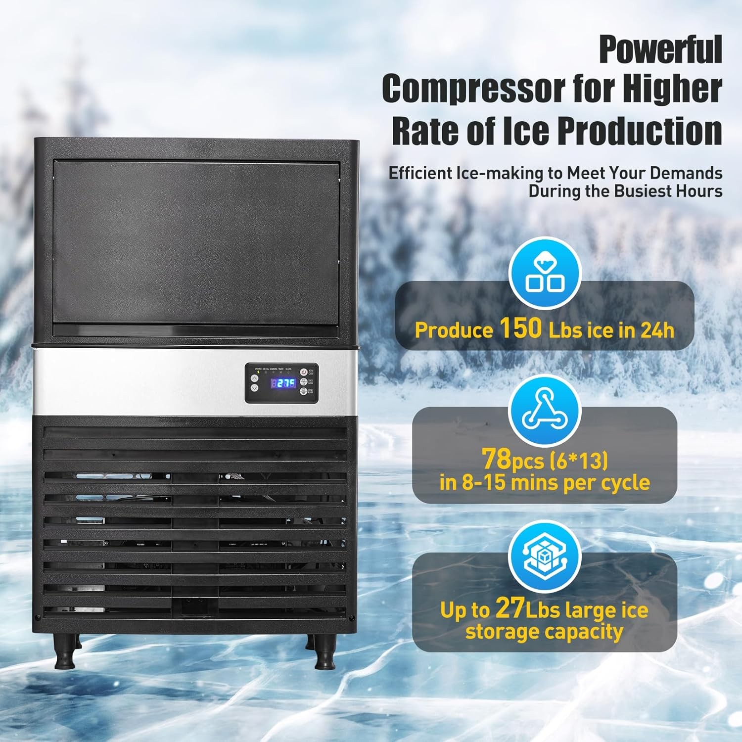 150LBS Per 24H Commercial Ice Maker Stainless Steel 12kg Storage for Bar Cafe