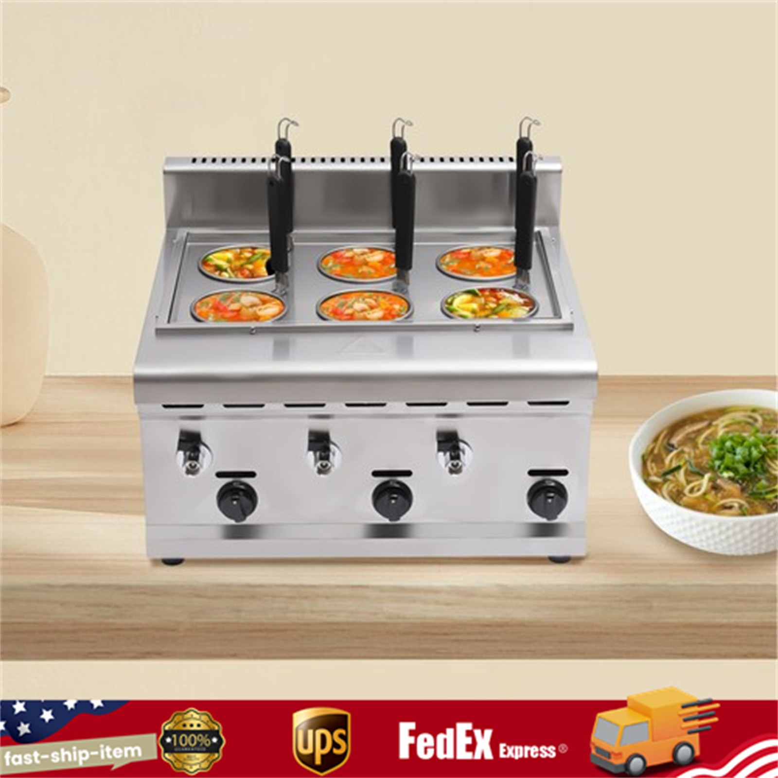 Commercial Noodle Pasta Ramen Cooker LPG Propane Gas W/ 2 Tanks 6 Holes