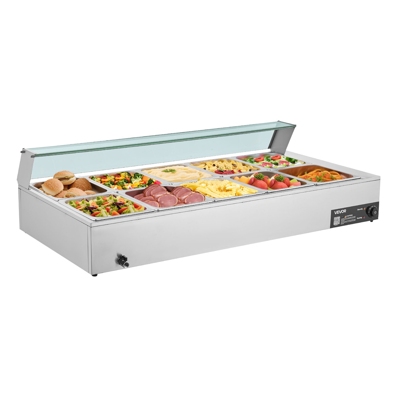 VEVOR Commercial Food Warmer 10-Pan 1700W Buffet Bain Marie with Glass Cover