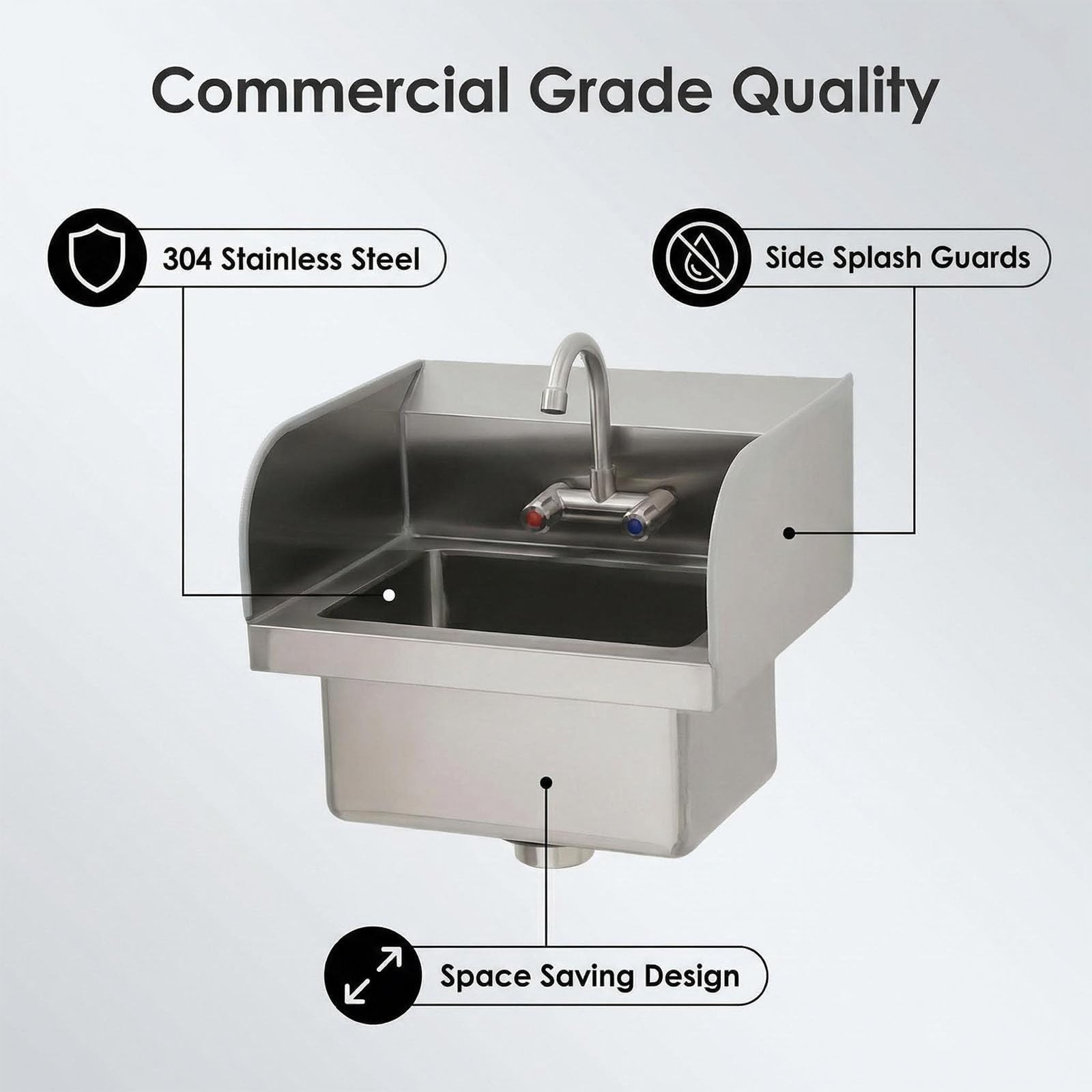17″x 15″ Commercial Hand Wash Sink Wall Mount Basin Stainless Steel&Faucet&Drain