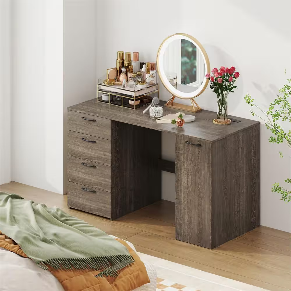 53 In. Gray + Black 4 Storage Drawers Computer Desk with Power Outlets Large Exe