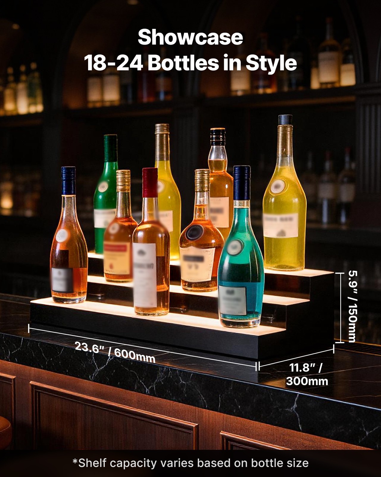 VEVOR LED Lighted Liquor Bottle Display Home Bar Shelf 3 Tiers 24 inches Acrylic