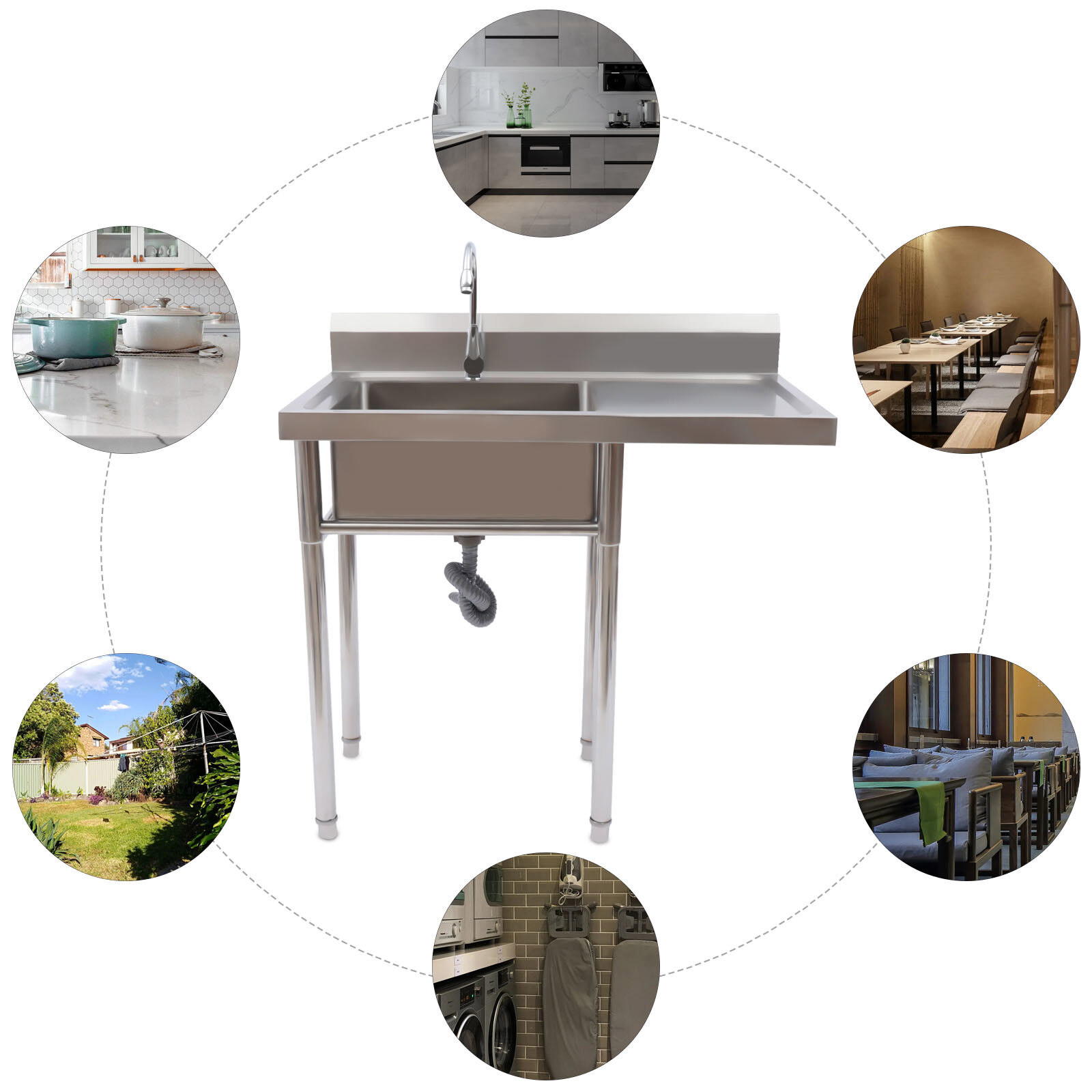 Commercial Restaurant Kitchen Sink with Faucet Free Standing Single Bowl Sink