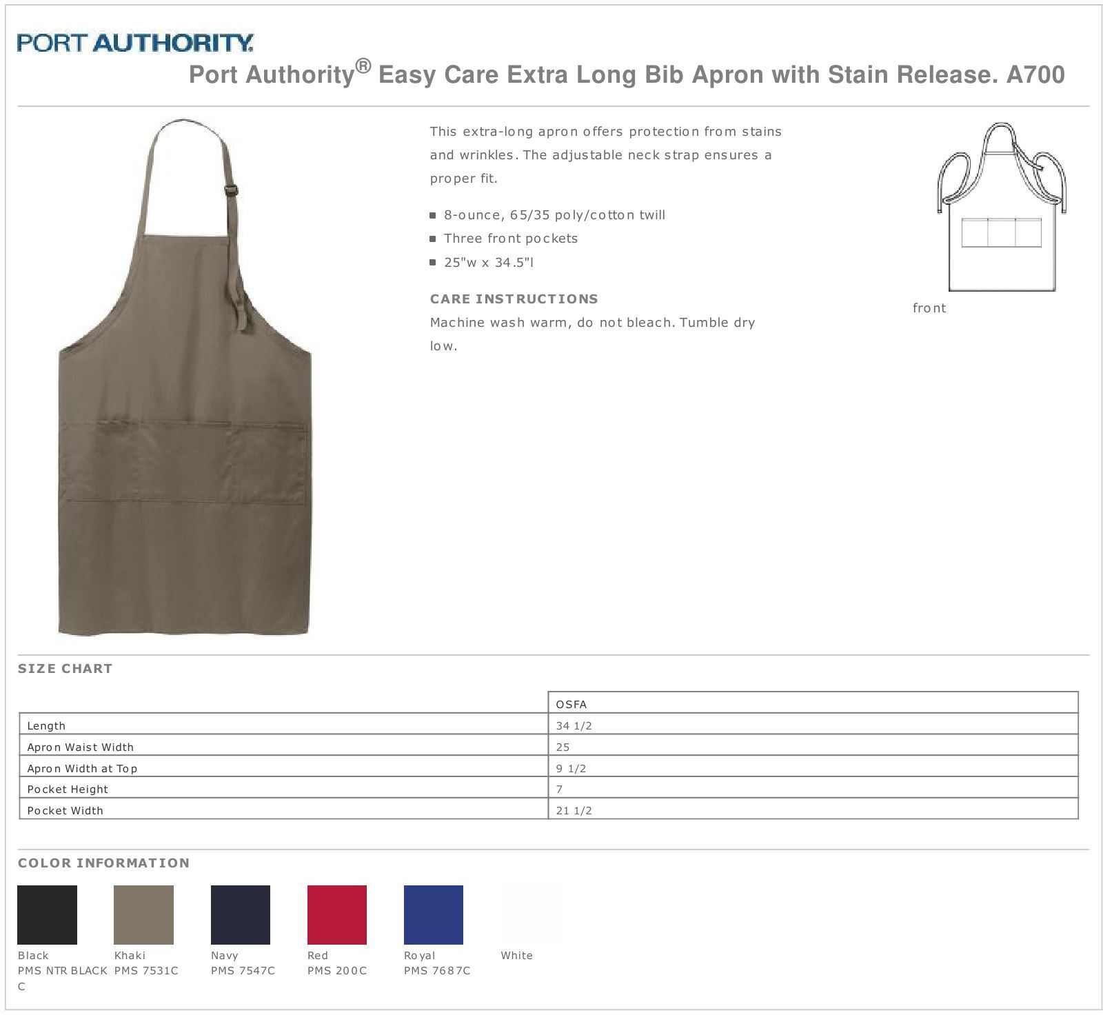 Port Authority Extra Long Bib Apron 3 Front Pockets Stain Release M-A700