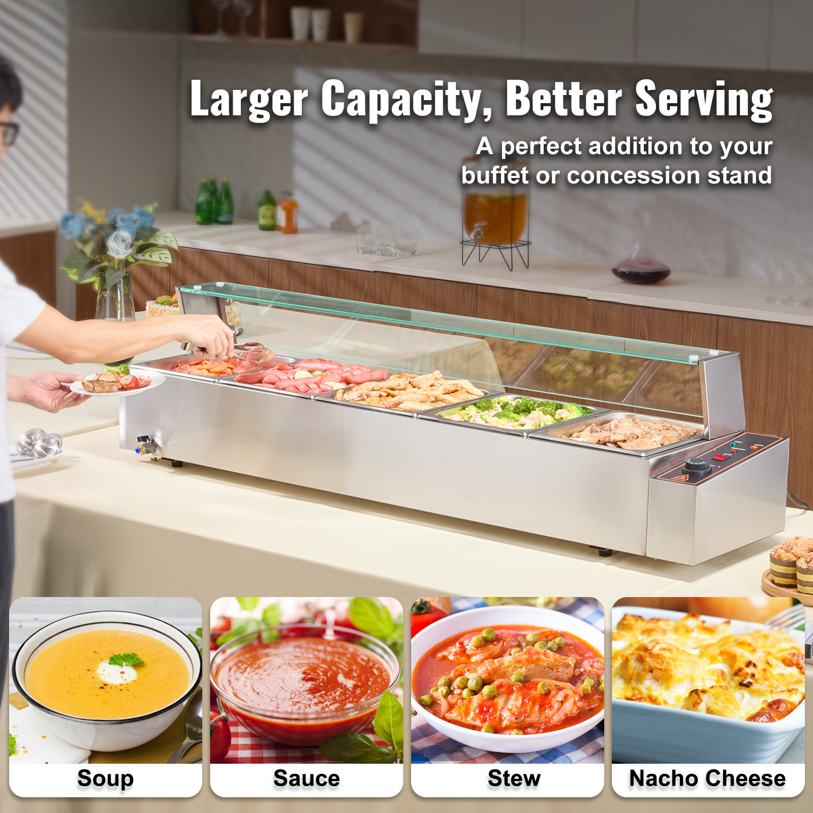 VEVOR Commercial Food Warmer 5*8Qt Countertop Buffet Bain Marie w/ Glass Shield