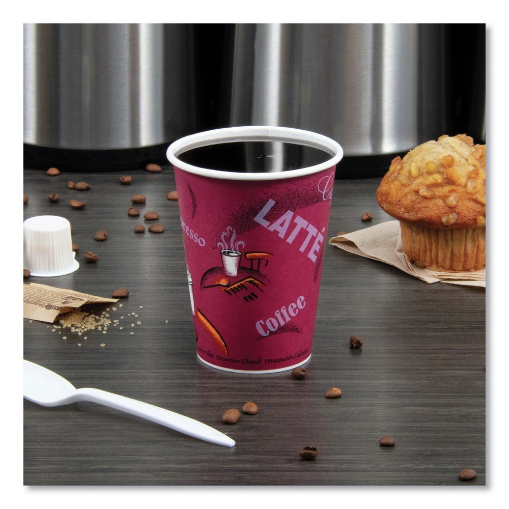 SOLO 412SINPK 12 oz. Paper Hot Drink Cups in Bistro Design – Maroon (50/PK) New